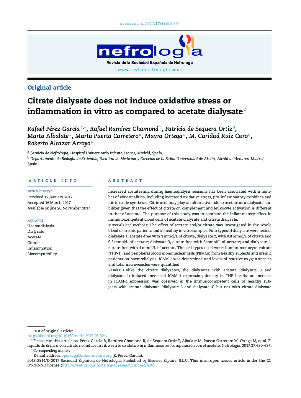 Citrate dialysate does not induce oxidative stress or inflammation in vitro as compared to acetate dialysate