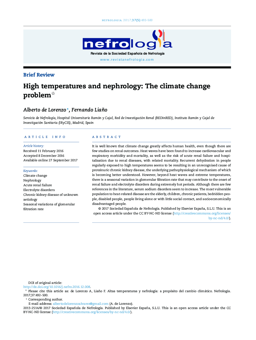 High temperatures and nephrology: The climate change problem