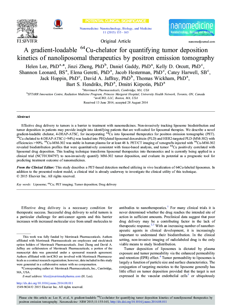 A gradient-loadable 64Cu-chelator for quantifying tumor deposition kinetics of nanoliposomal therapeutics by positron emission tomography 