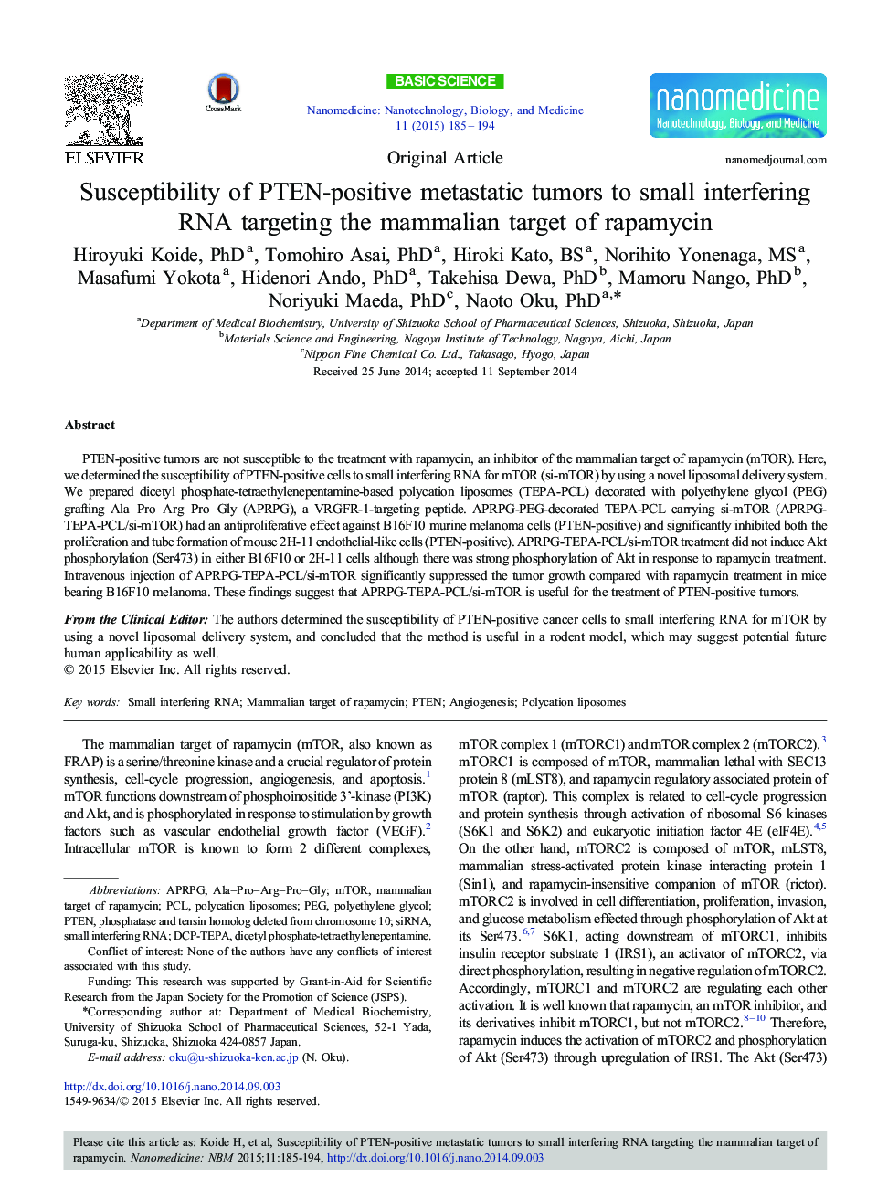 Susceptibility of PTEN-positive metastatic tumors to small interfering RNA targeting the mammalian target of rapamycin 