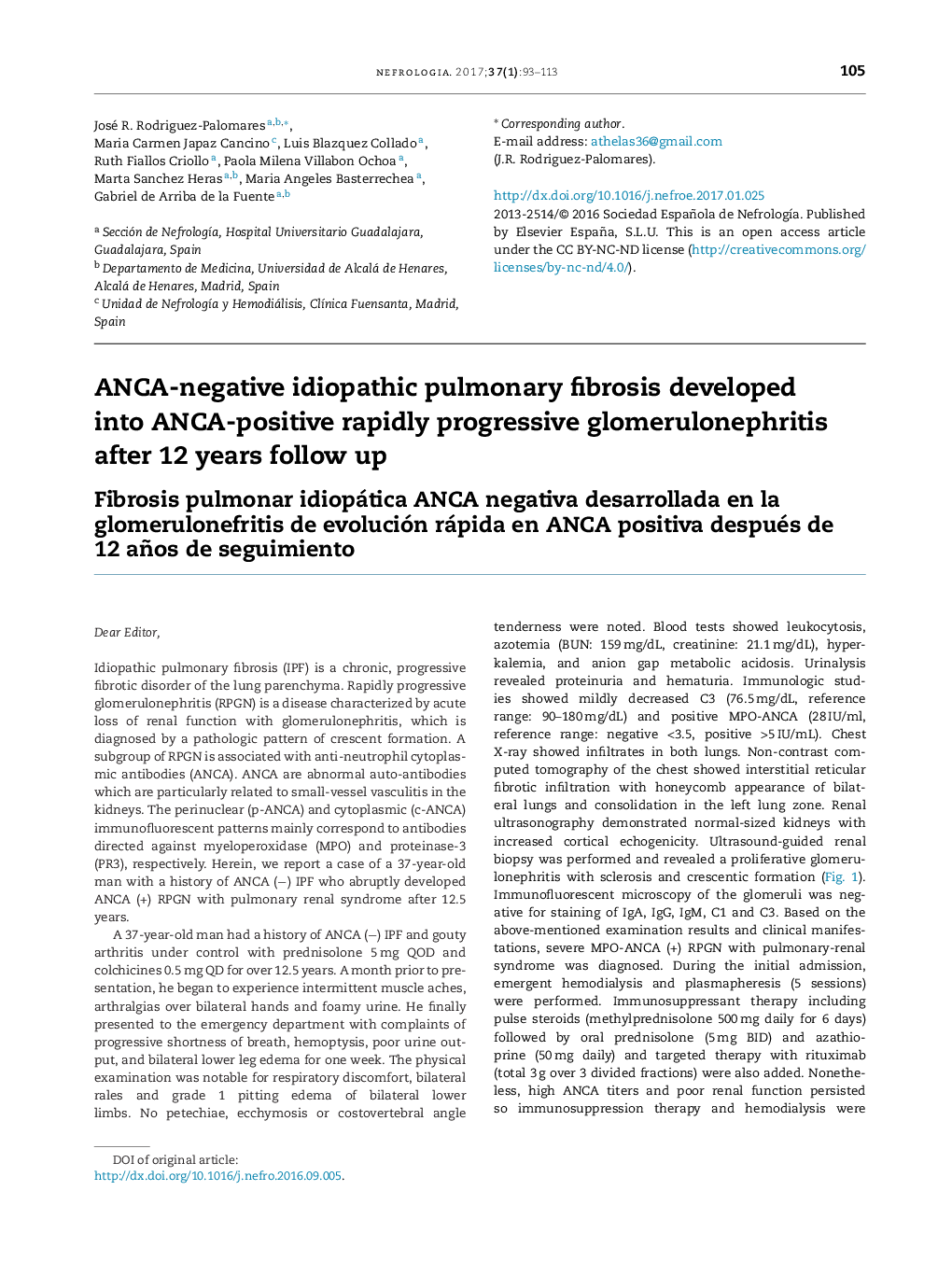 ANCA-negative idiopathic pulmonary fibrosis developed into ANCA-positive rapidly progressive glomerulonephritis after 12 years follow up