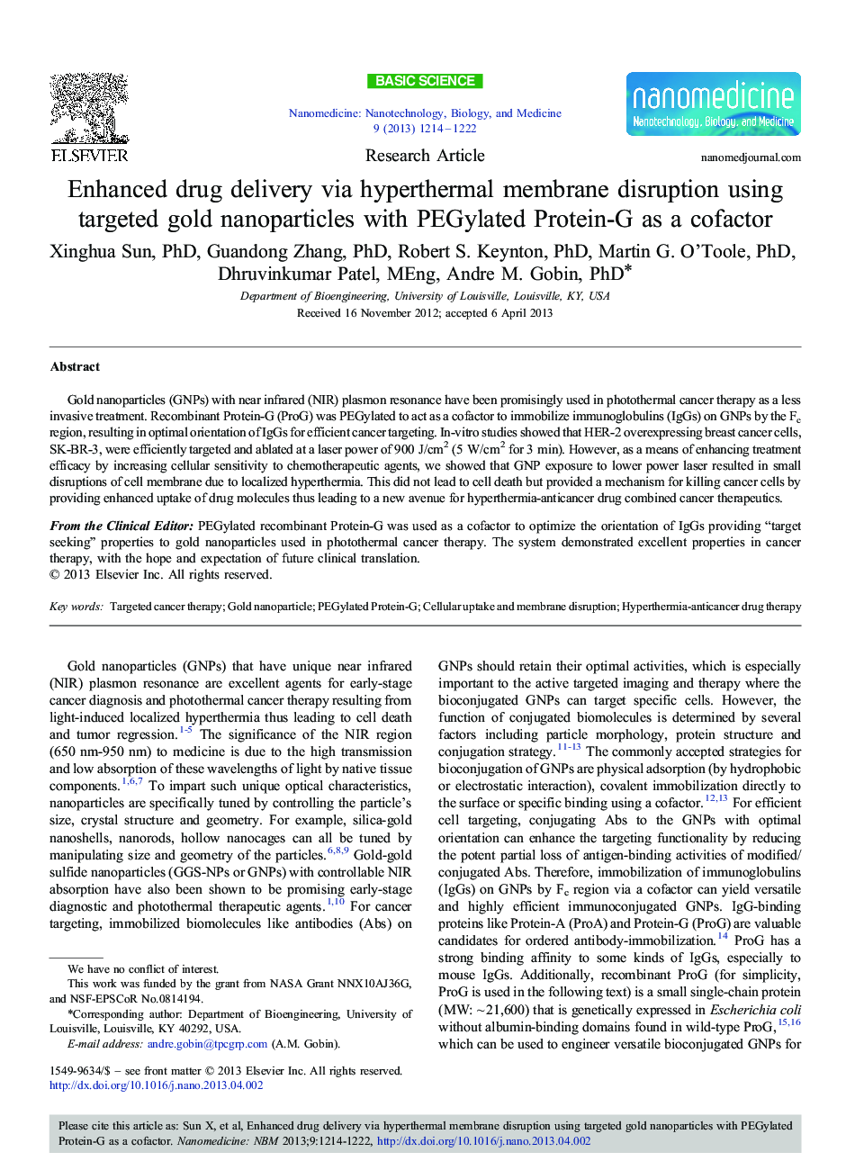 Enhanced drug delivery via hyperthermal membrane disruption using targeted gold nanoparticles with PEGylated Protein-G as a cofactor 