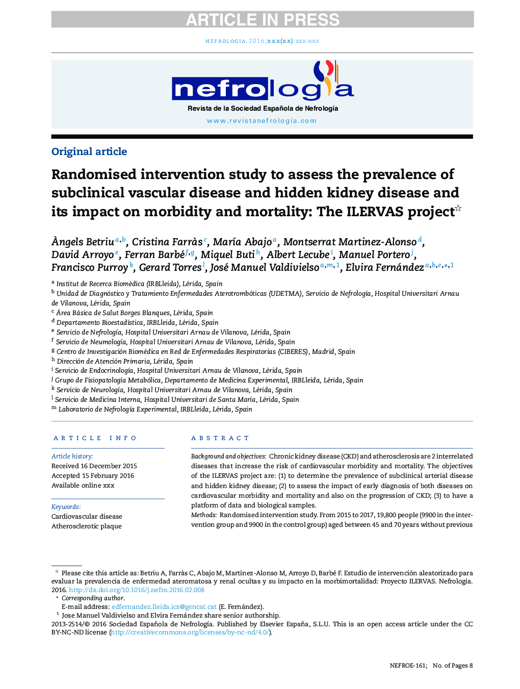 Randomised intervention study to assess the prevalence of subclinical vascular disease and hidden kidney disease and its impact on morbidity and mortality: The ILERVAS project