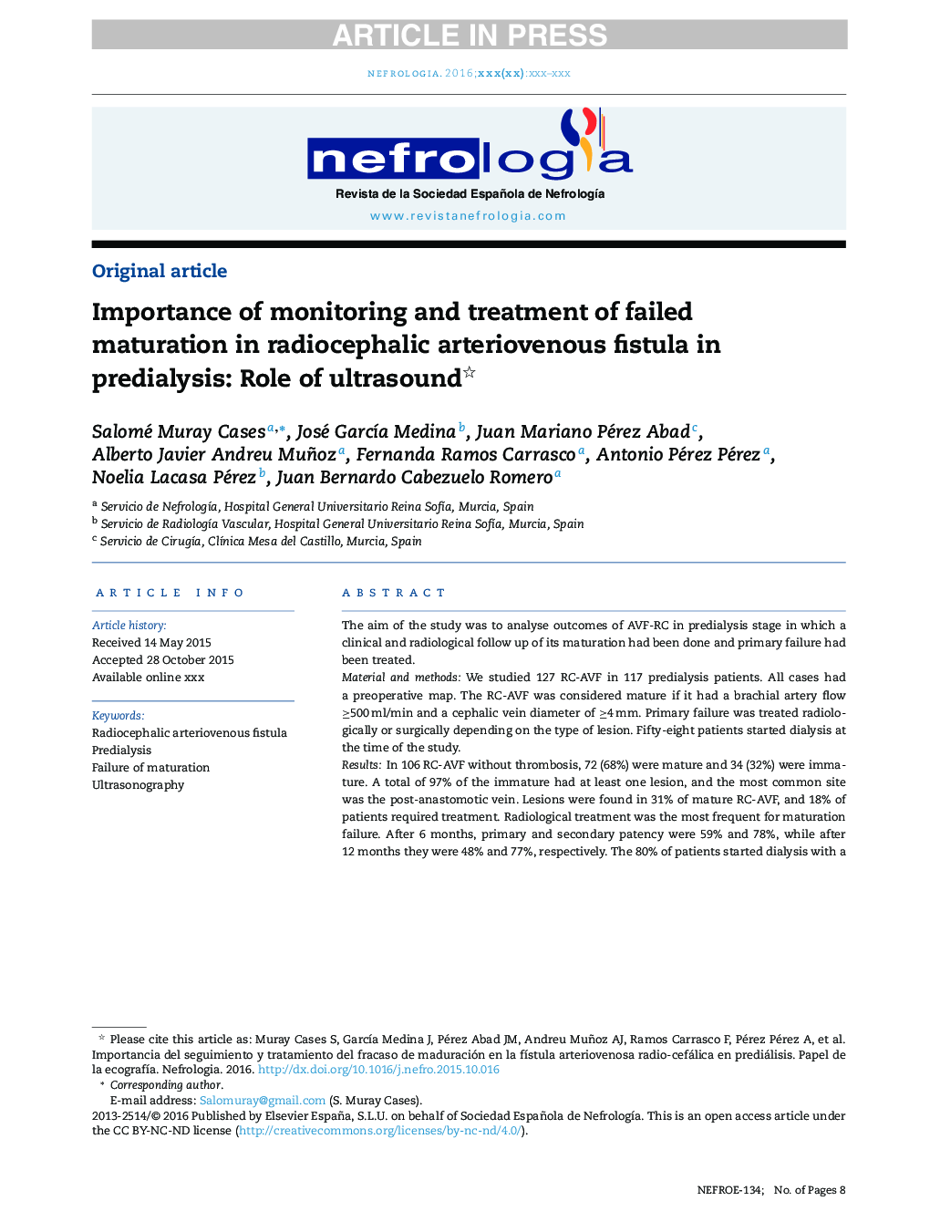 Importance of monitoring and treatment of failed maturation in radiocephalic arteriovenous fistula in predialysis: Role of ultrasound