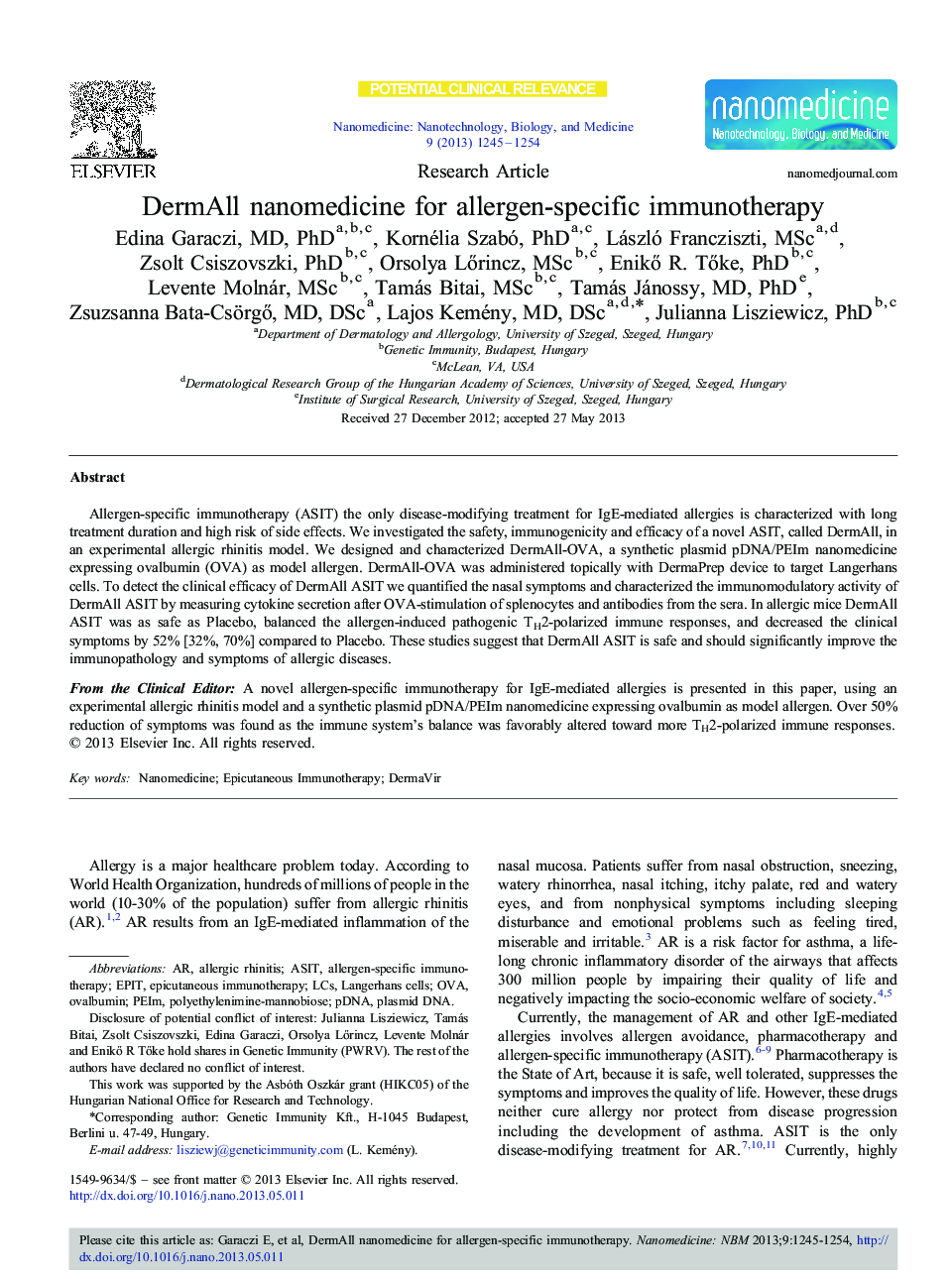 DermAll nanomedicine for allergen-specific immunotherapy 