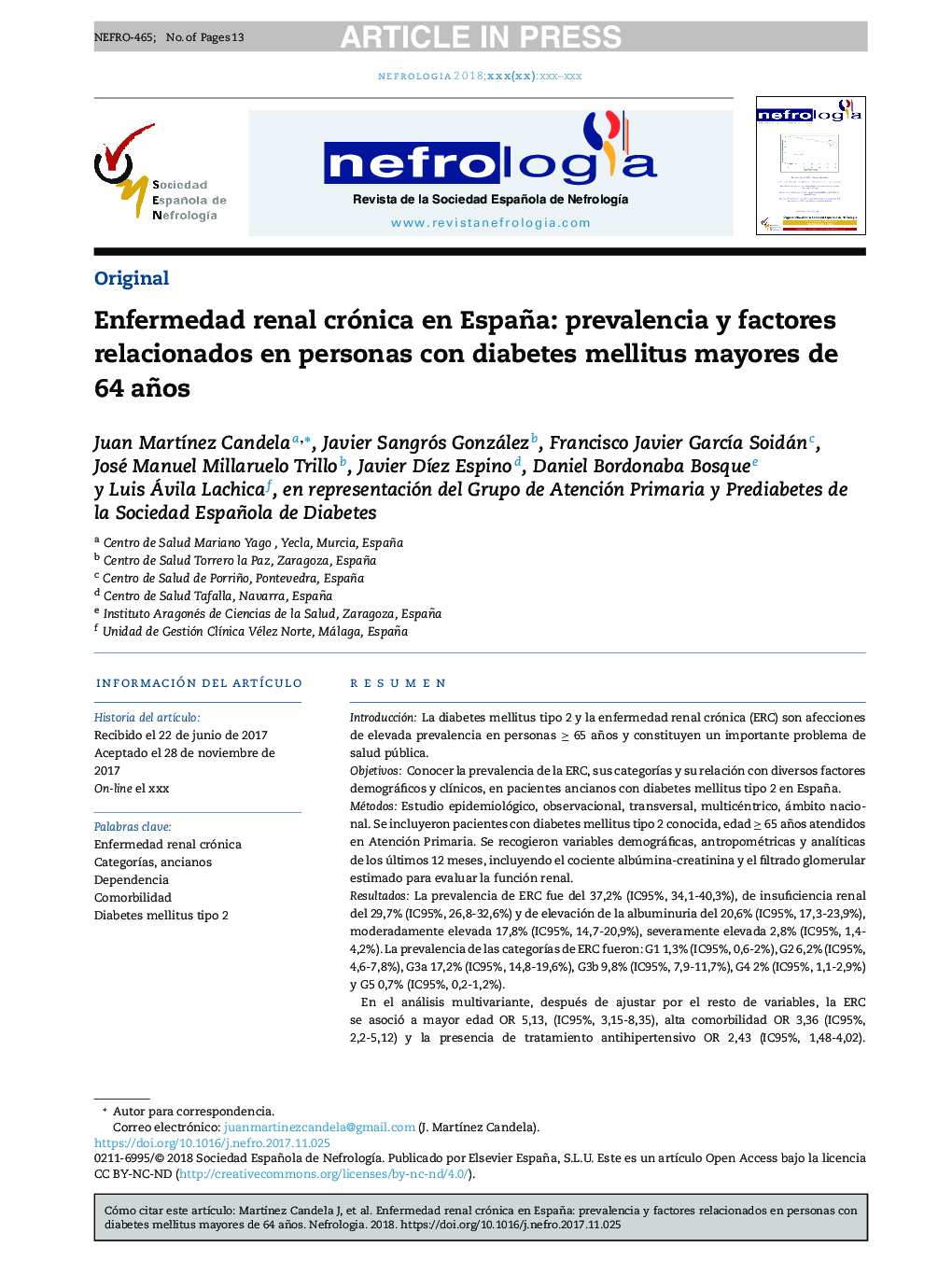Enfermedad renal crónica en España: prevalencia y factores relacionados en personas con diabetes mellitus mayores de 64 años