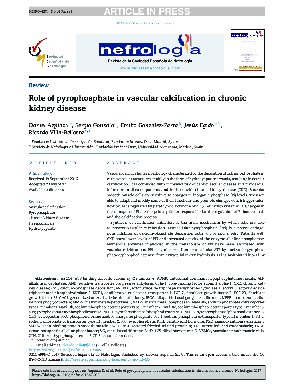 Role of pyrophosphate in vascular calcification in chronic kidney disease