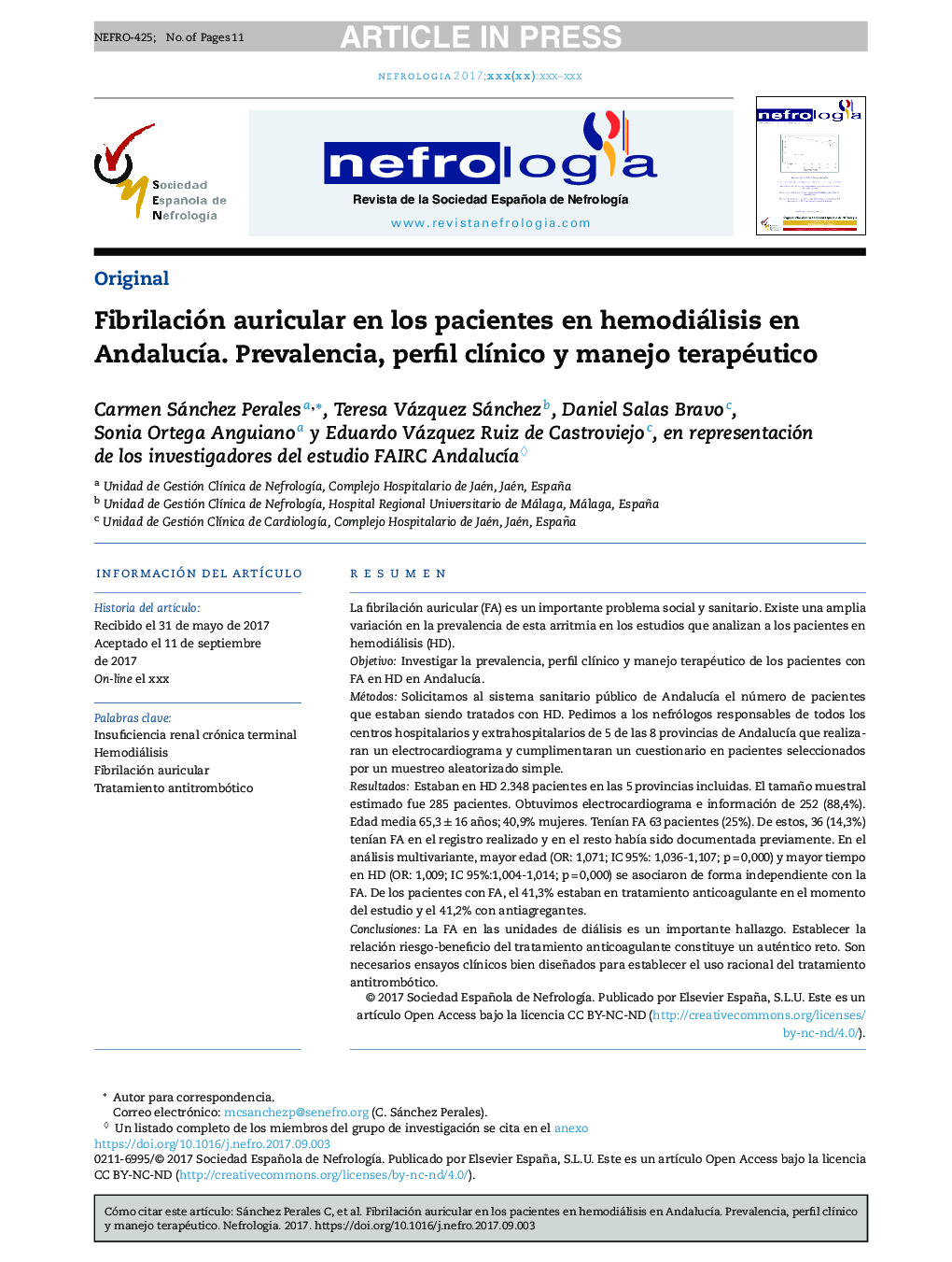 Fibrilación auricular en los pacientes en hemodiálisis en AndalucÃ­a. Prevalencia, perfil clÃ­nico y manejo terapéutico