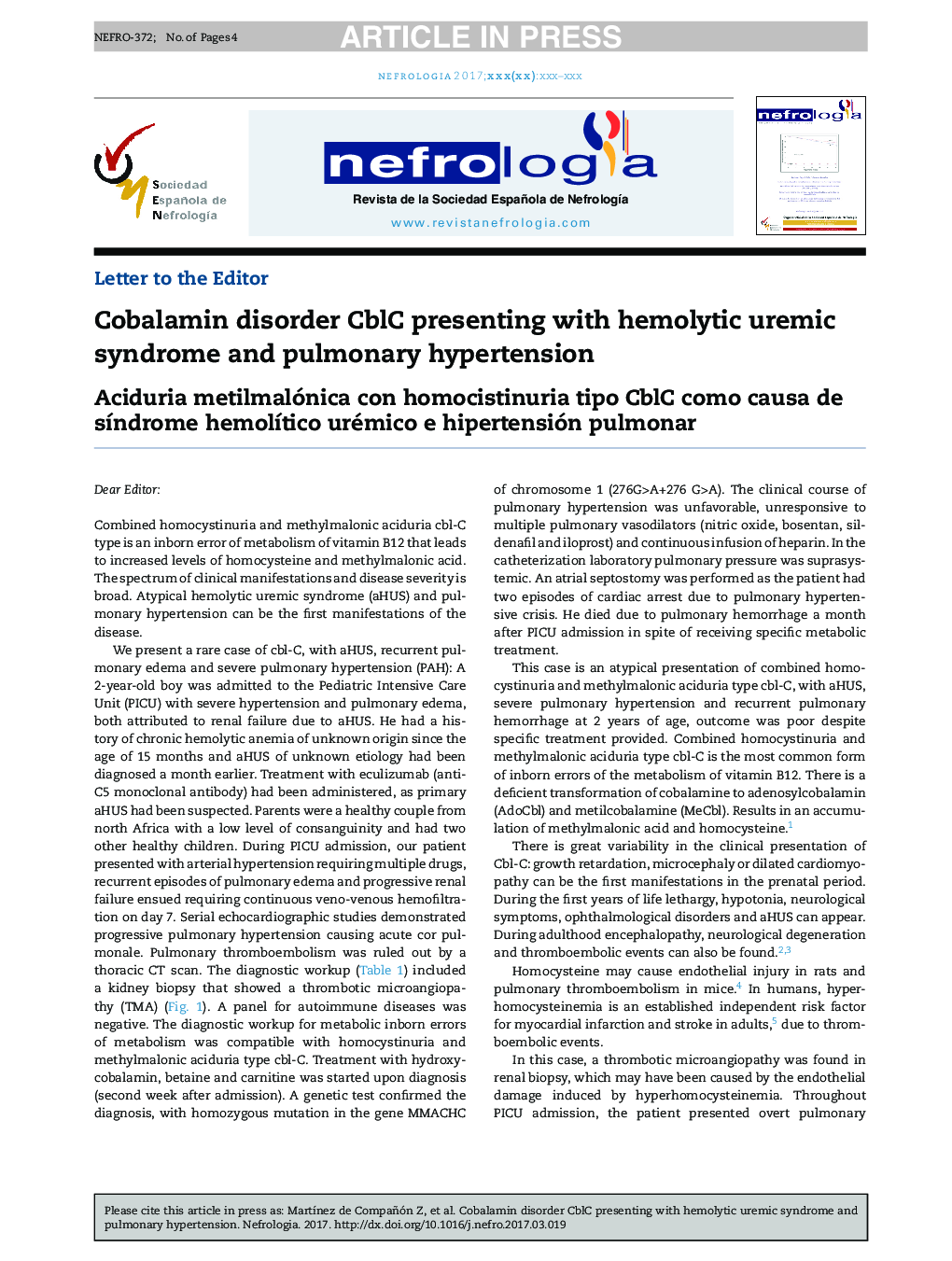 Cobalamin disorder CblC presenting with hemolytic uremic syndrome and pulmonary hypertension