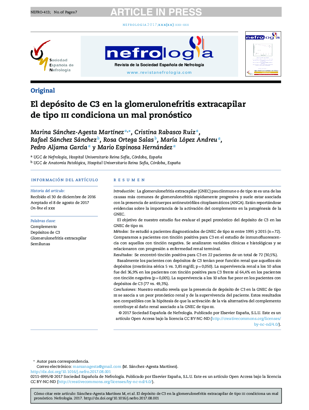 El depósito de C3 en la glomerulonefritis extracapilar de tipo iii condiciona un mal pronóstico