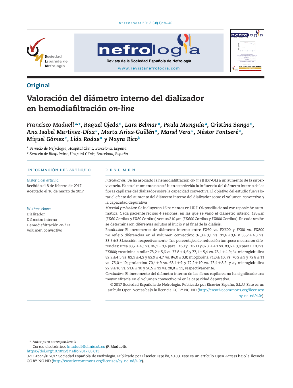 Valoración del diámetro interno del dializador en hemodiafiltración on-line