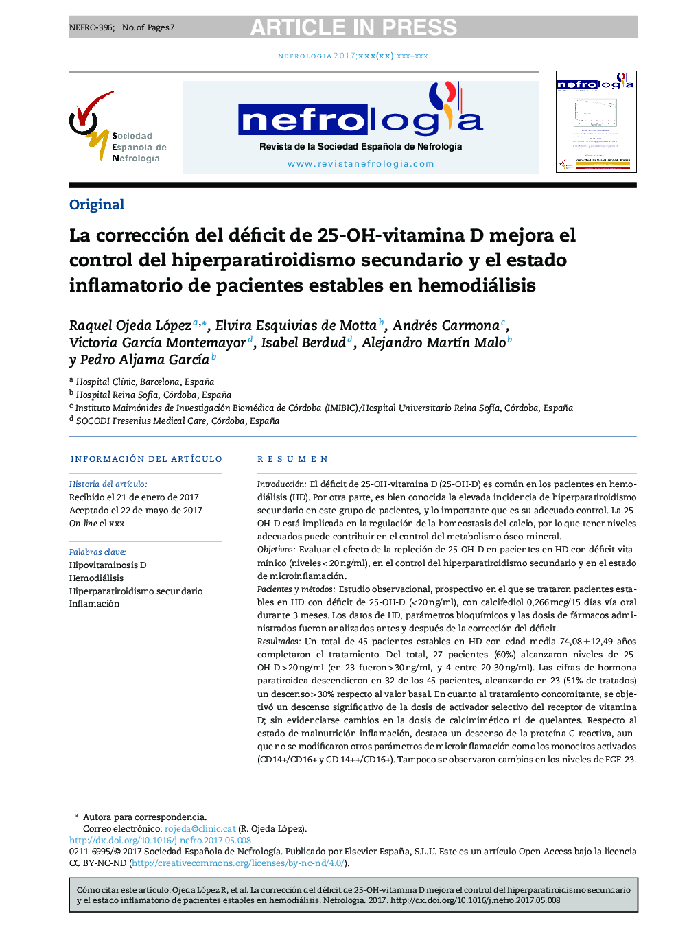 عکس صفحه اول مقاله: La corrección del déficit de 25-OH-vitamina D mejora el control del hiperparatiroidismo secundario y el estado inflamatorio de pacientes estables en hemodiálisis La corrección del déficit de 25-OH-vitamina D mejora el control del hiperparatiroidismo secundario y el estado inflamatorio de pacientes estables en hemodiálisis