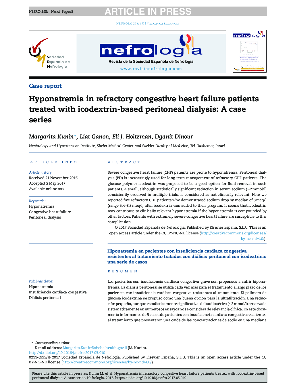 هیپوناترمی در بیماران مبتلا به نارسایی احتقانی قلب که با دیالیز صفاقی مبتنی بر ایکودکسترین درمان شده اند: یک سری موارد 