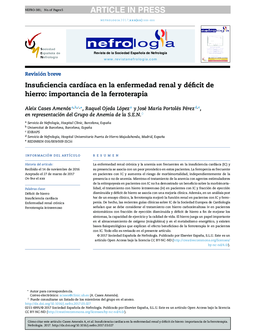 Insuficiencia cardÃ­aca en la enfermedad renal y déficit de hierro: importancia de la ferroterapia