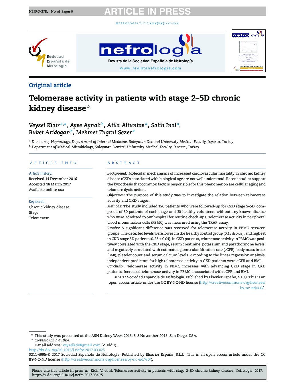 Telomerase activity in patients with stage 2-5D chronic kidney disease