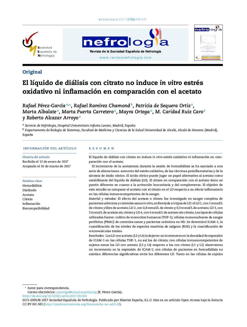 El lÃ­quido de diálisis con citrato no induce in vitro estrés oxidativo ni inflamación en comparación con el acetato