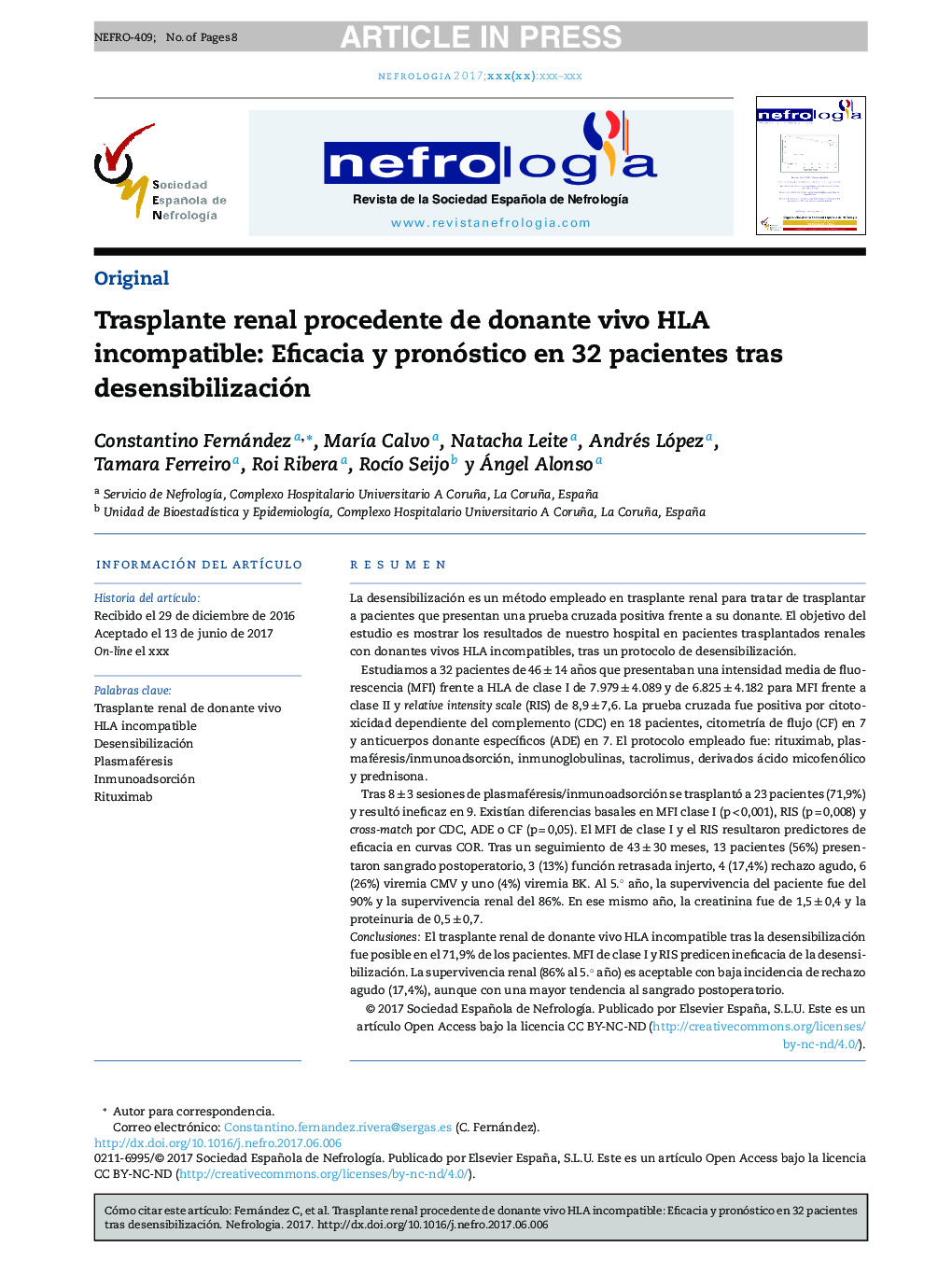 Trasplante renal procedente de donante vivo HLA incompatible: Eficacia y pronóstico en 32 pacientes tras desensibilización