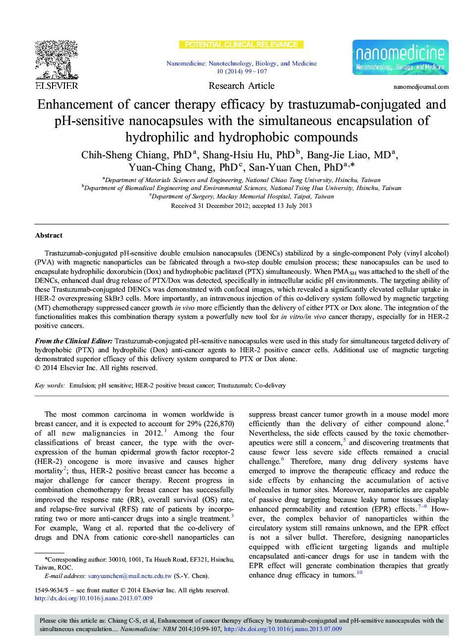 Enhancement of cancer therapy efficacy by trastuzumab-conjugated and pH-sensitive nanocapsules with the simultaneous encapsulation of hydrophilic and hydrophobic compounds