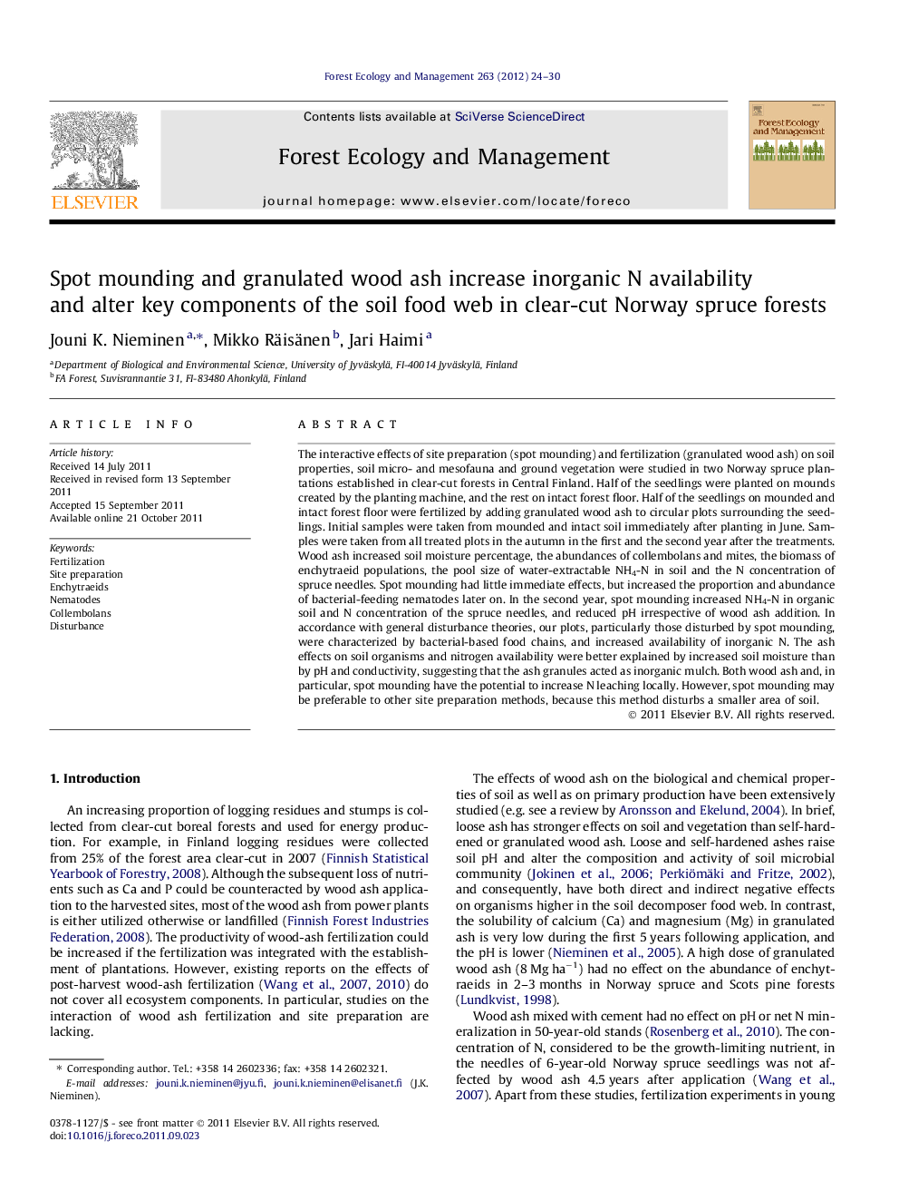 Spot mounding and granulated wood ash increase inorganic N availability and alter key components of the soil food web in clear-cut Norway spruce forests