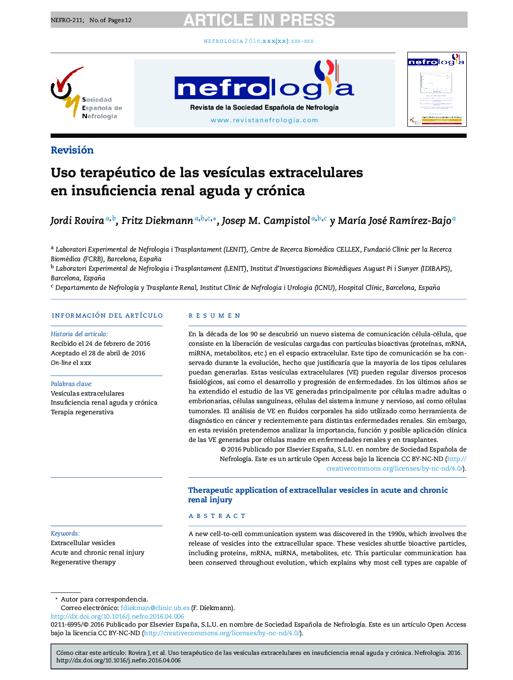 Uso terapéutico de las vesÃ­culas extracelulares en insuficiencia renal aguda y crónica