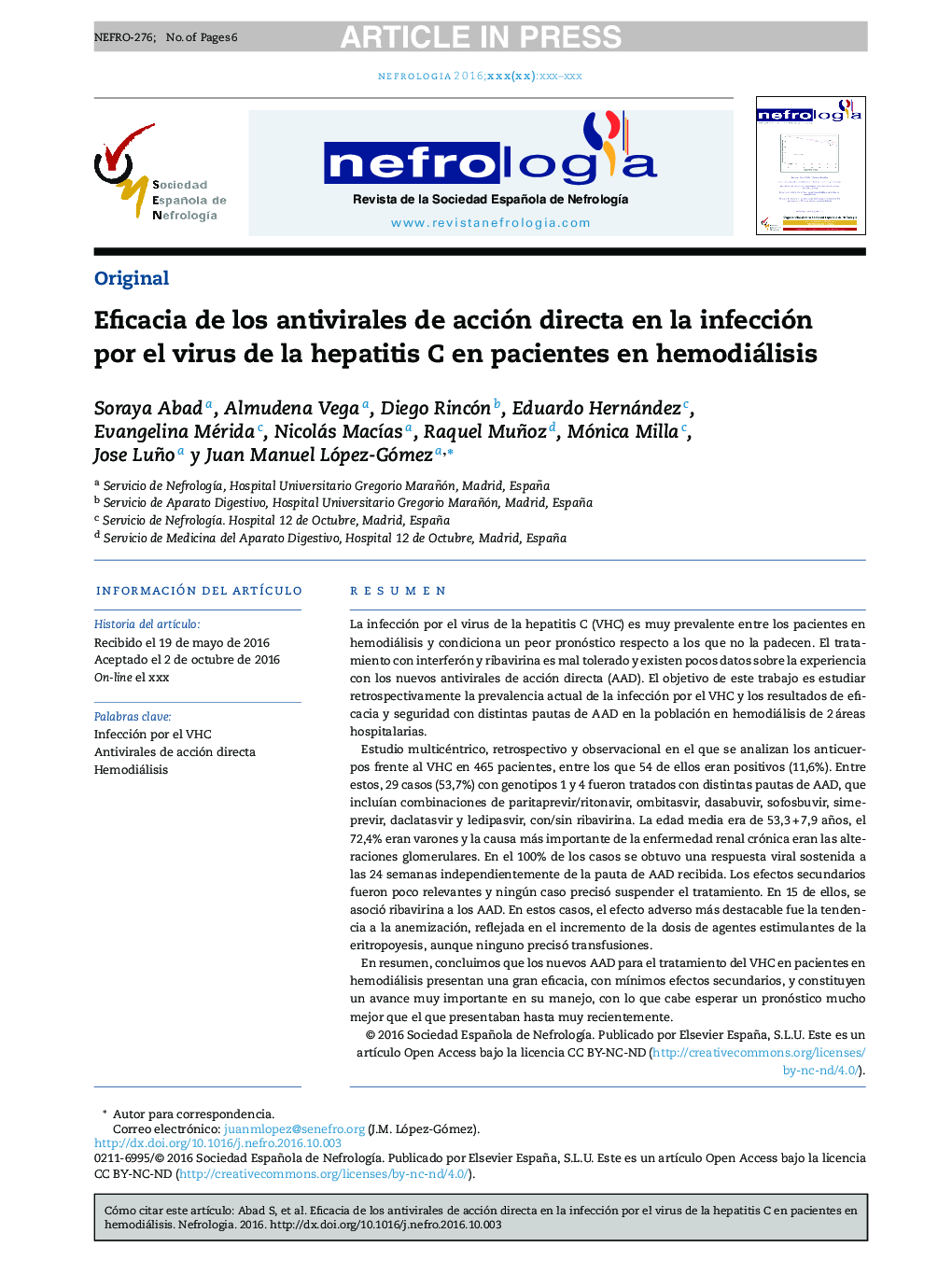 Eficacia de los antivirales de acción directa en la infección por el virus de la hepatitis C en pacientes en hemodiálisis