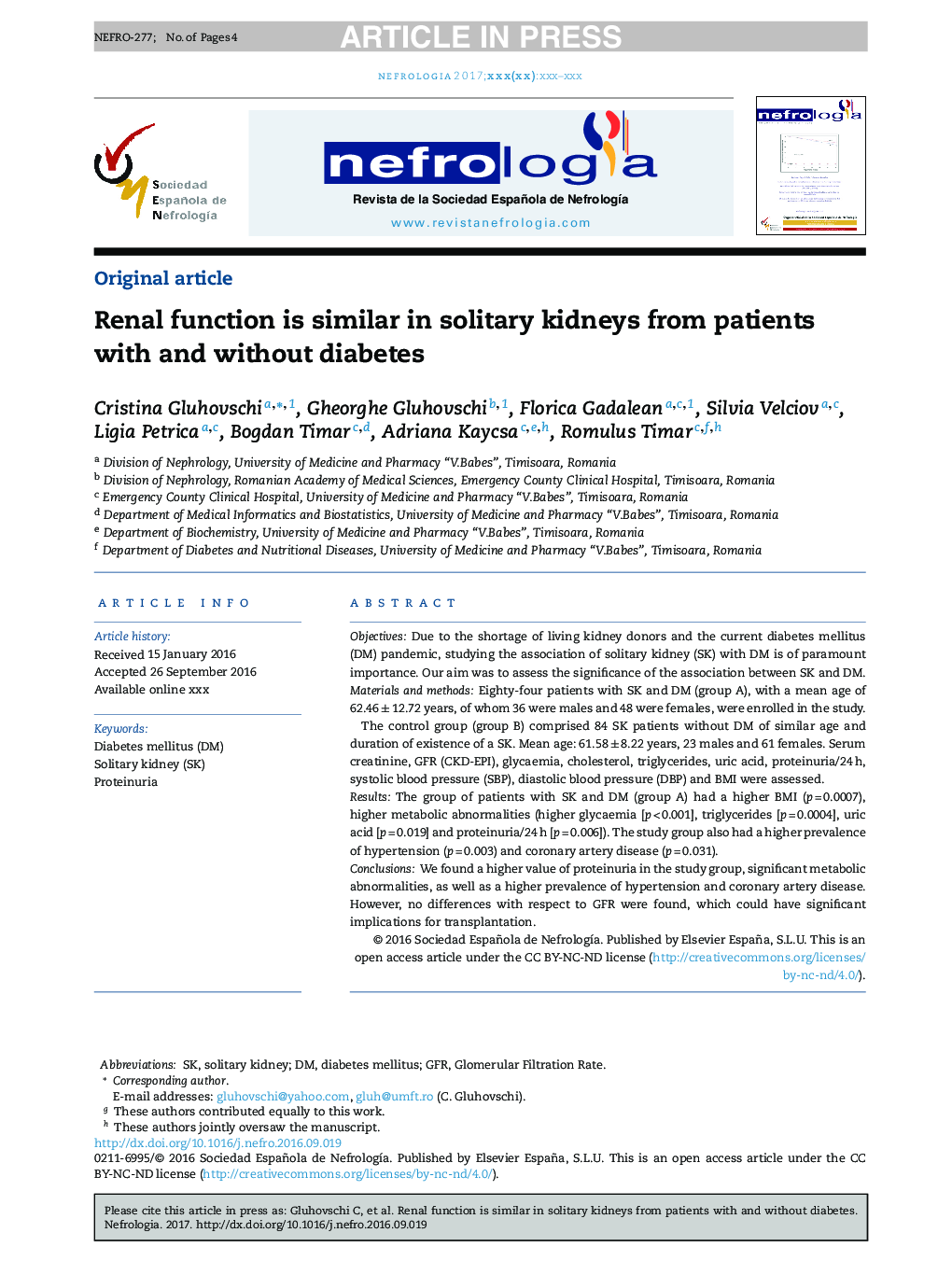 Renal function is similar in solitary kidneys from patients with and without diabetes