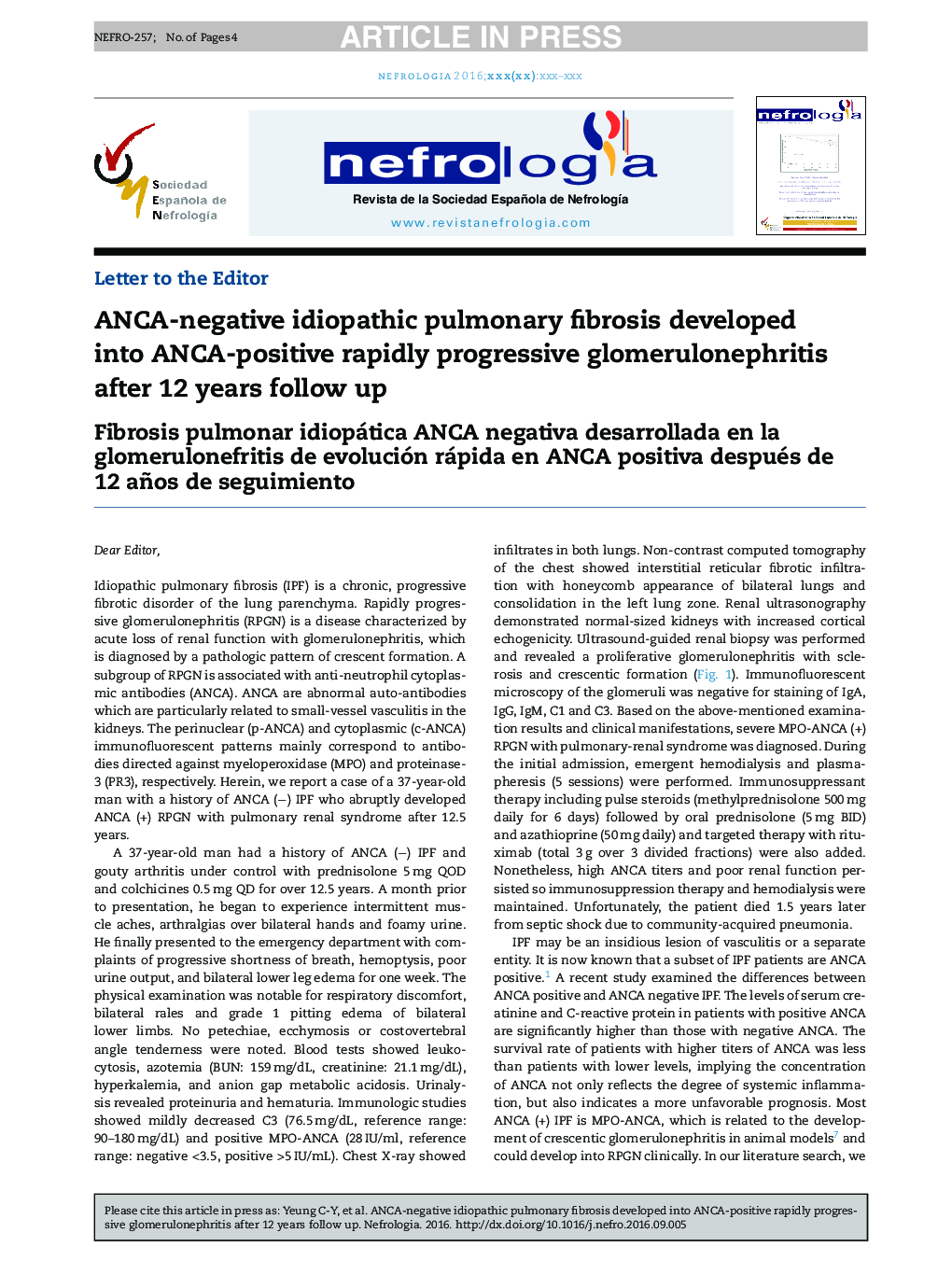 عکس صفحه اول مقاله: ANCA-negative idiopathic pulmonary fibrosis developed into ANCA-positive rapidly progressive glomerulonephritis after 12 years follow up ANCA-negative idiopathic pulmonary fibrosis developed into ANCA-positive rapidly progressive glomerulonephritis after 12 years follow up