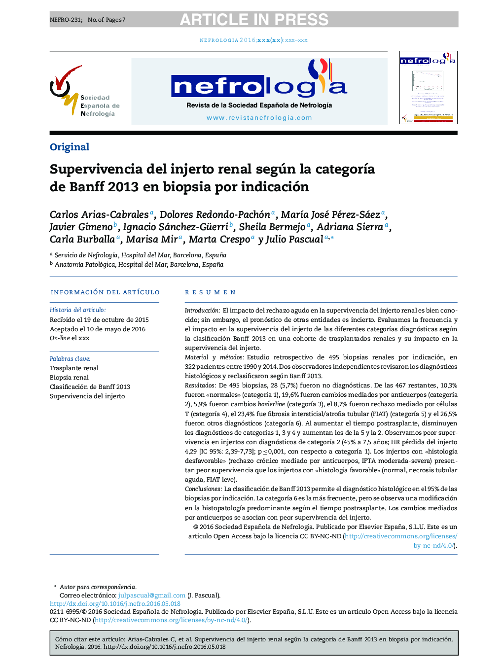 Supervivencia del injerto renal según la categorÃ­a de BanffÂ 2013 en biopsia por indicación