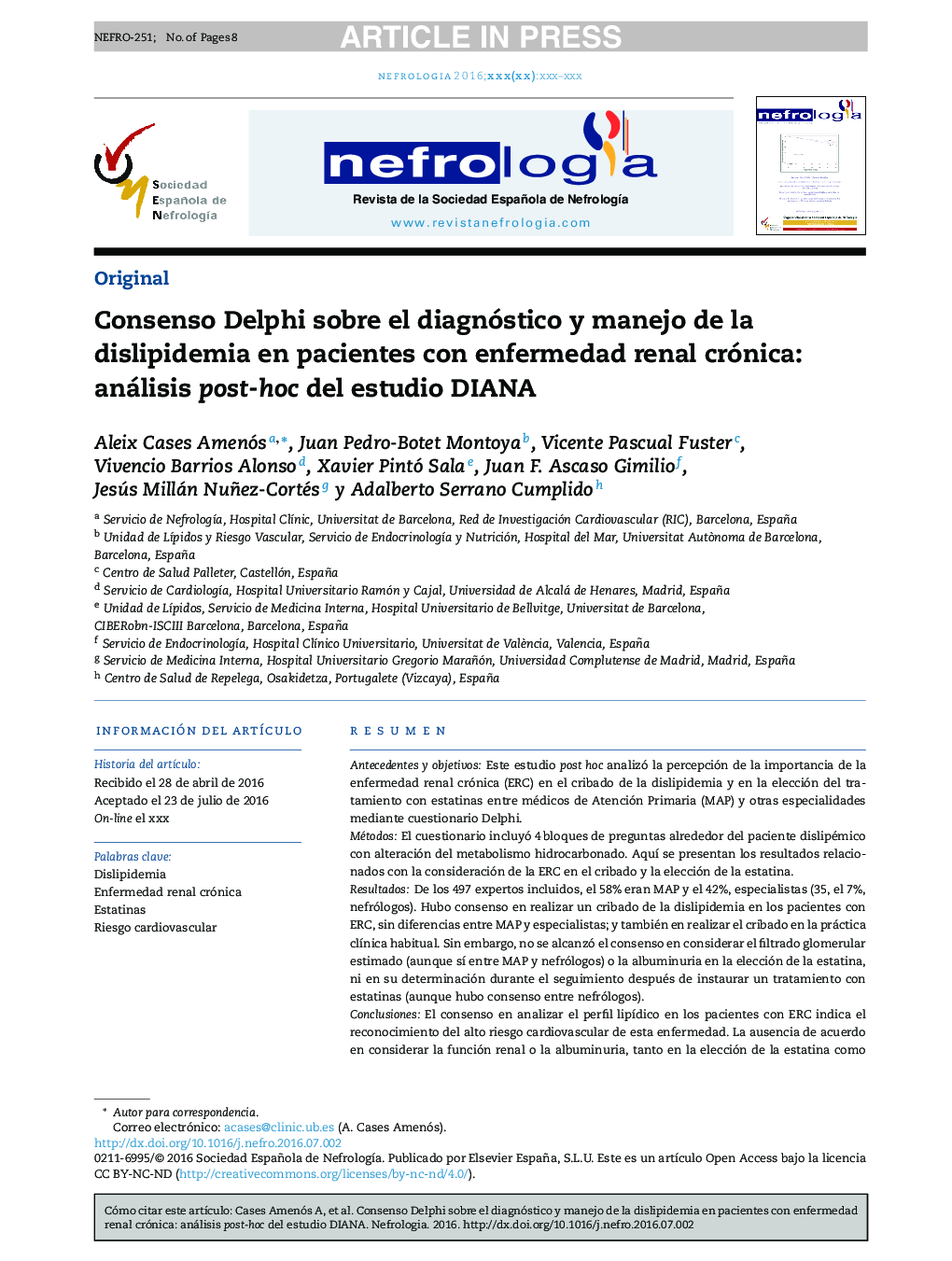 Consenso Delphi sobre el diagnóstico y manejo de la dislipidemia en pacientes con enfermedad renal crónica: análisis post-hoc del estudio DIANA