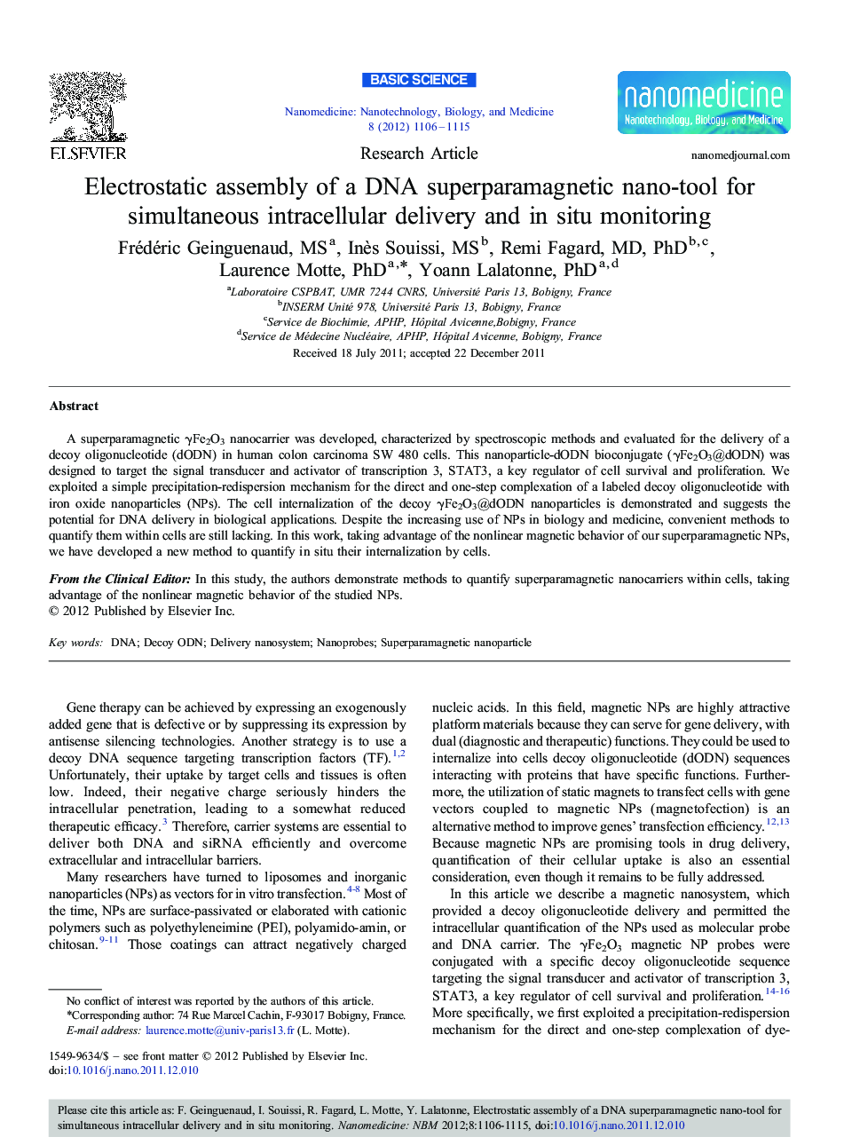 Electrostatic assembly of a DNA superparamagnetic nano-tool for simultaneous intracellular delivery and in situ monitoring 