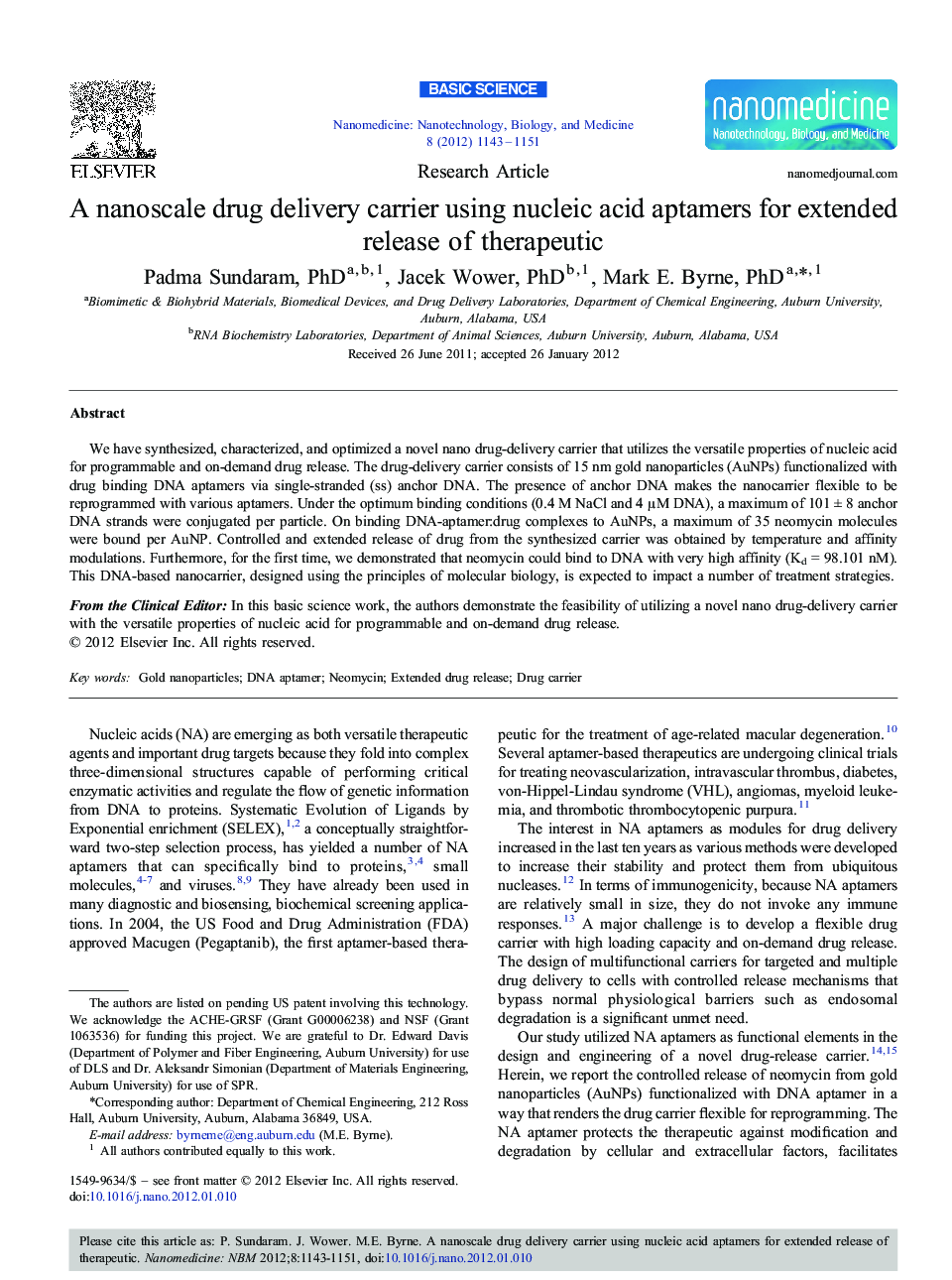 A nanoscale drug delivery carrier using nucleic acid aptamers for extended release of therapeutic 