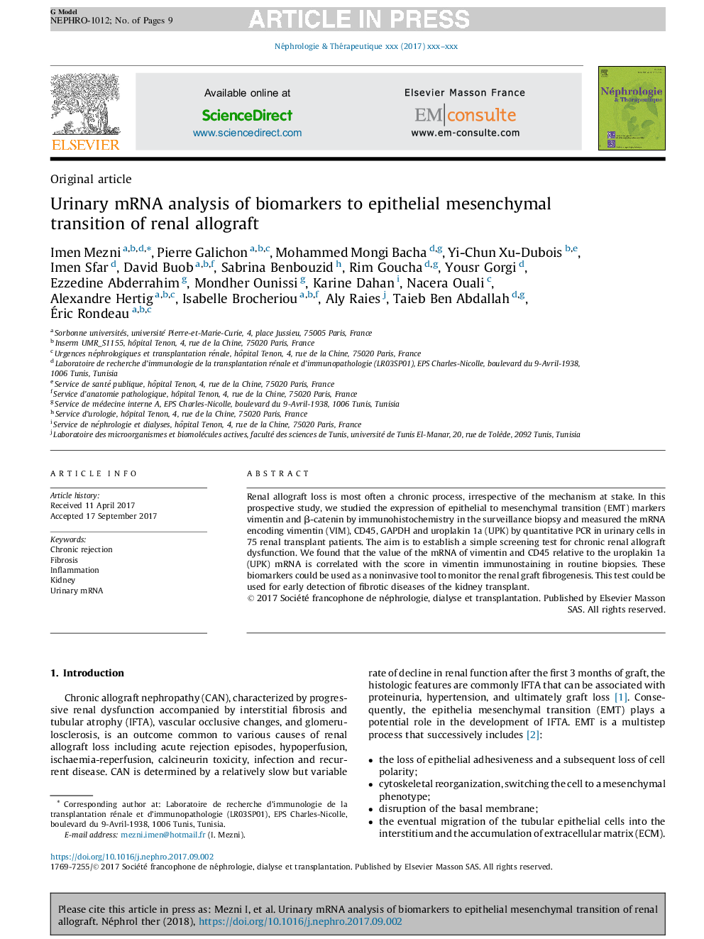 Urinary mRNA analysis of biomarkers to epithelial mesenchymal transition of renal allograft