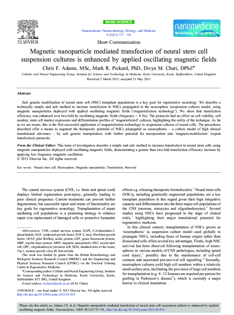 Magnetic nanoparticle mediated transfection of neural stem cell suspension cultures is enhanced by applied oscillating magnetic fields 