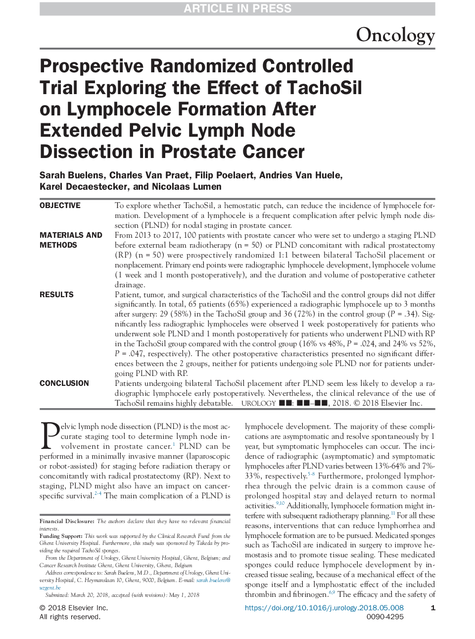 Prospective Randomized Controlled Trial Exploring the Effect of TachoSil on Lymphocele Formation After Extended Pelvic Lymph Node Dissection in Prostate Cancer