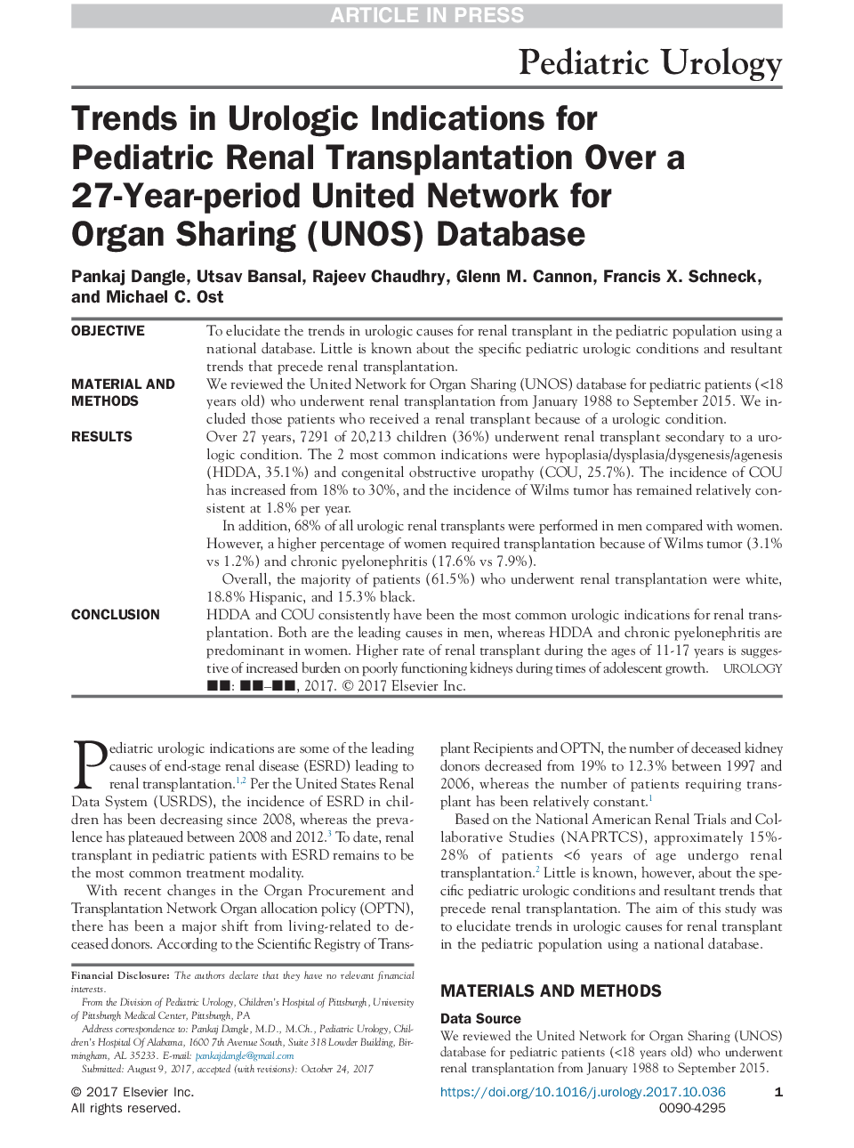 Trends in Urologic Indications for Pediatric Renal Transplantation Over a 27-Year-period United Network for Organ Sharing (UNOS) Database