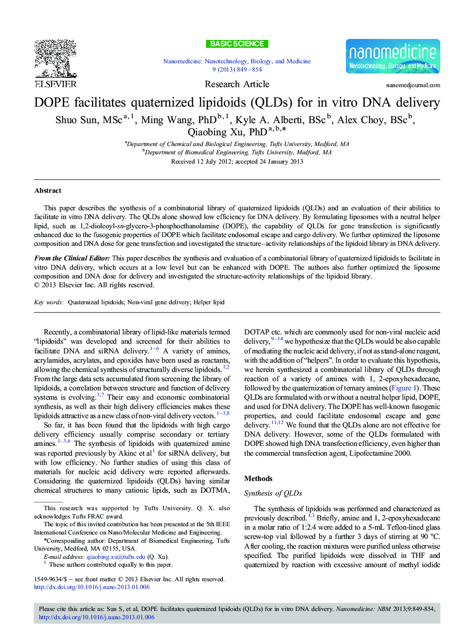 DOPE facilitates quaternized lipidoids (QLDs) for in vitro DNA delivery 