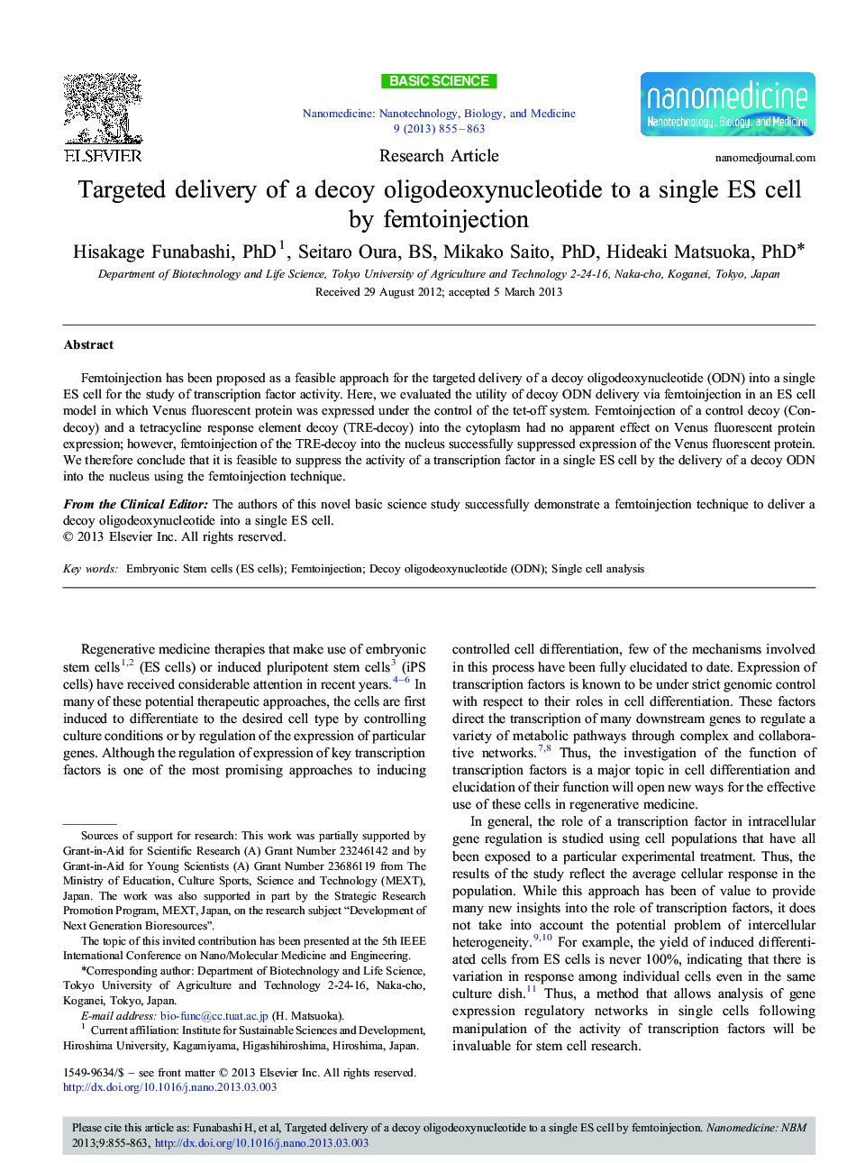 Targeted delivery of a decoy oligodeoxynucleotide to a single ES cell by femtoinjection 