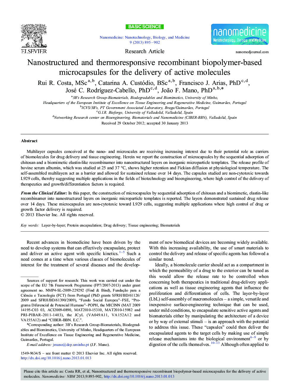 Nanostructured and thermoresponsive recombinant biopolymer-based microcapsules for the delivery of active molecules 