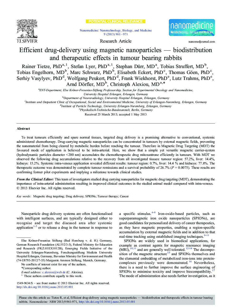 Efficient drug-delivery using magnetic nanoparticles — biodistribution and therapeutic effects in tumour bearing rabbits 