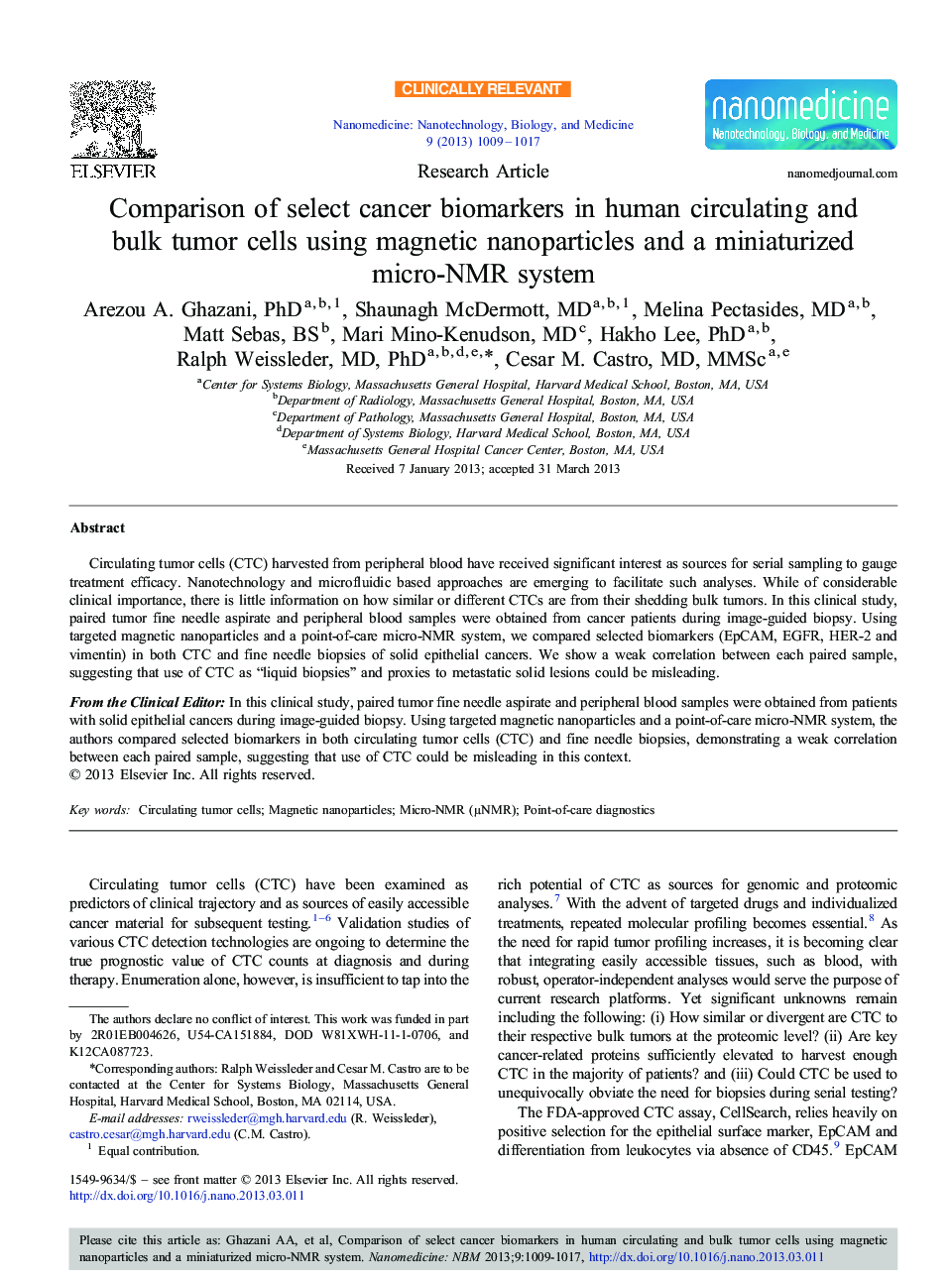 Comparison of select cancer biomarkers in human circulating and bulk tumor cells using magnetic nanoparticles and a miniaturized micro-NMR system 