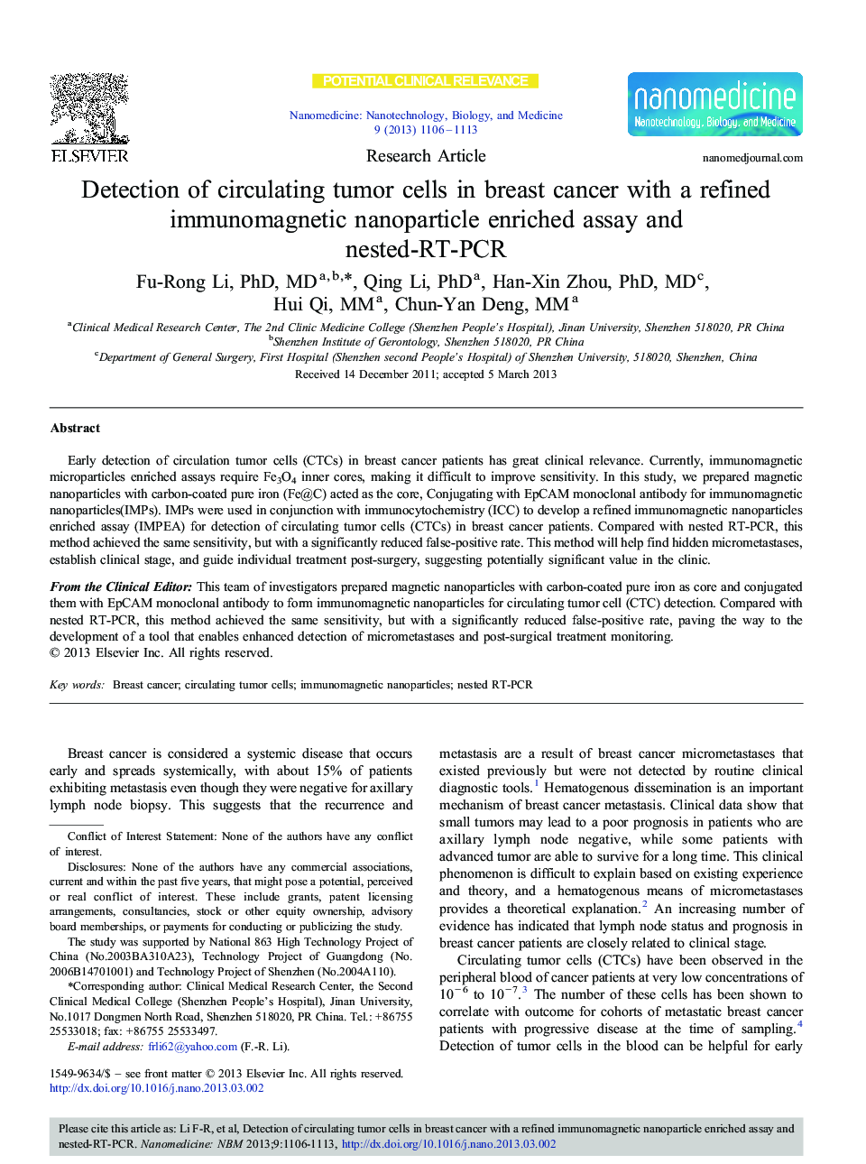 Detection of circulating tumor cells in breast cancer with a refined immunomagnetic nanoparticle enriched assay and nested-RT-PCR 