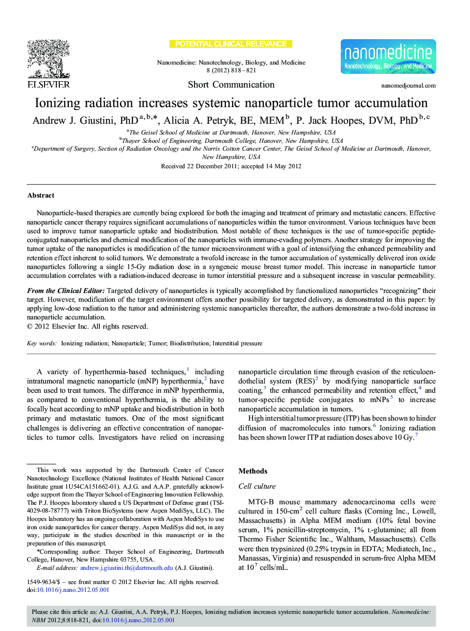 Ionizing radiation increases systemic nanoparticle tumor accumulation 