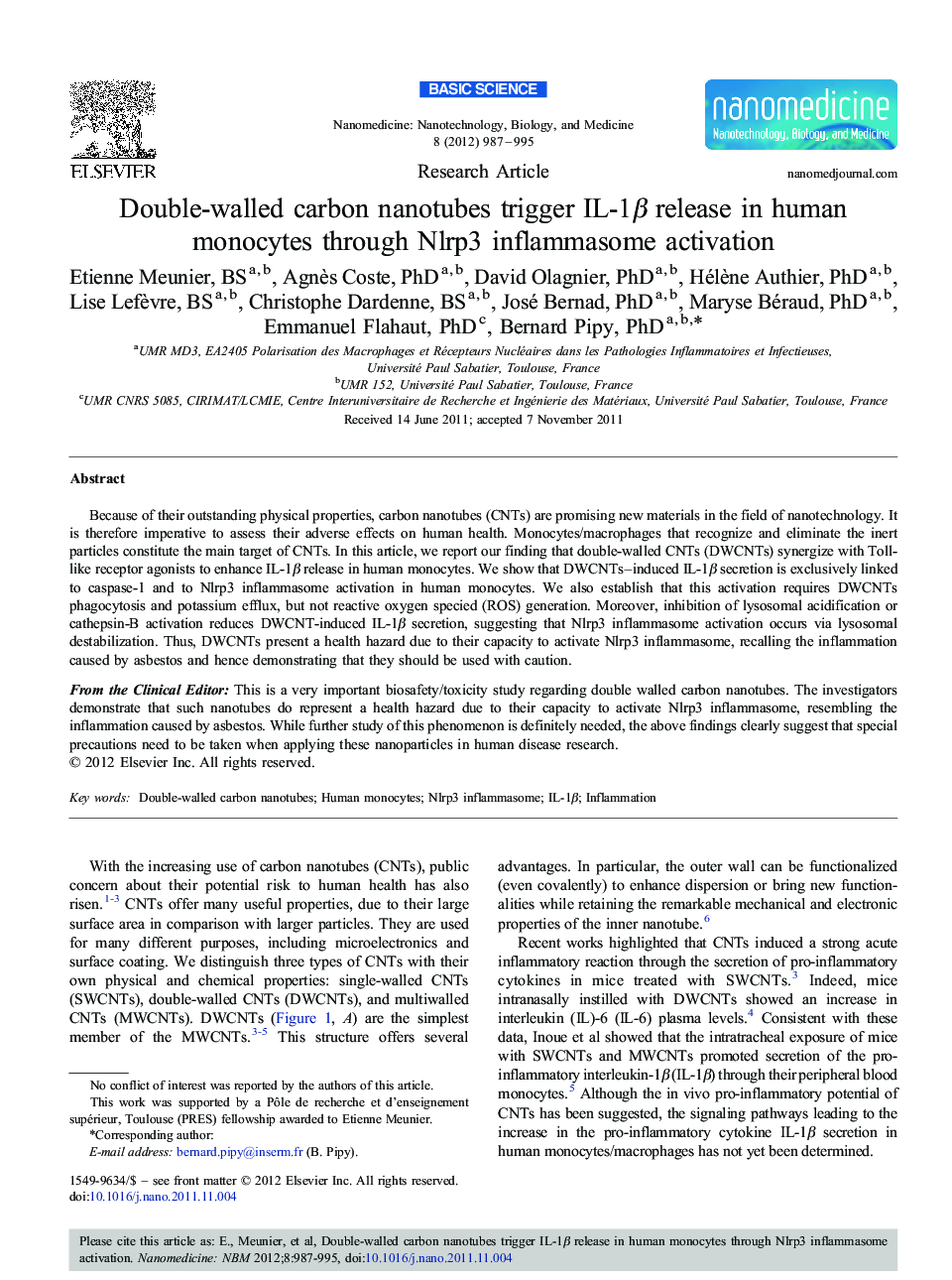 Double-walled carbon nanotubes trigger IL-1β release in human monocytes through Nlrp3 inflammasome activation 