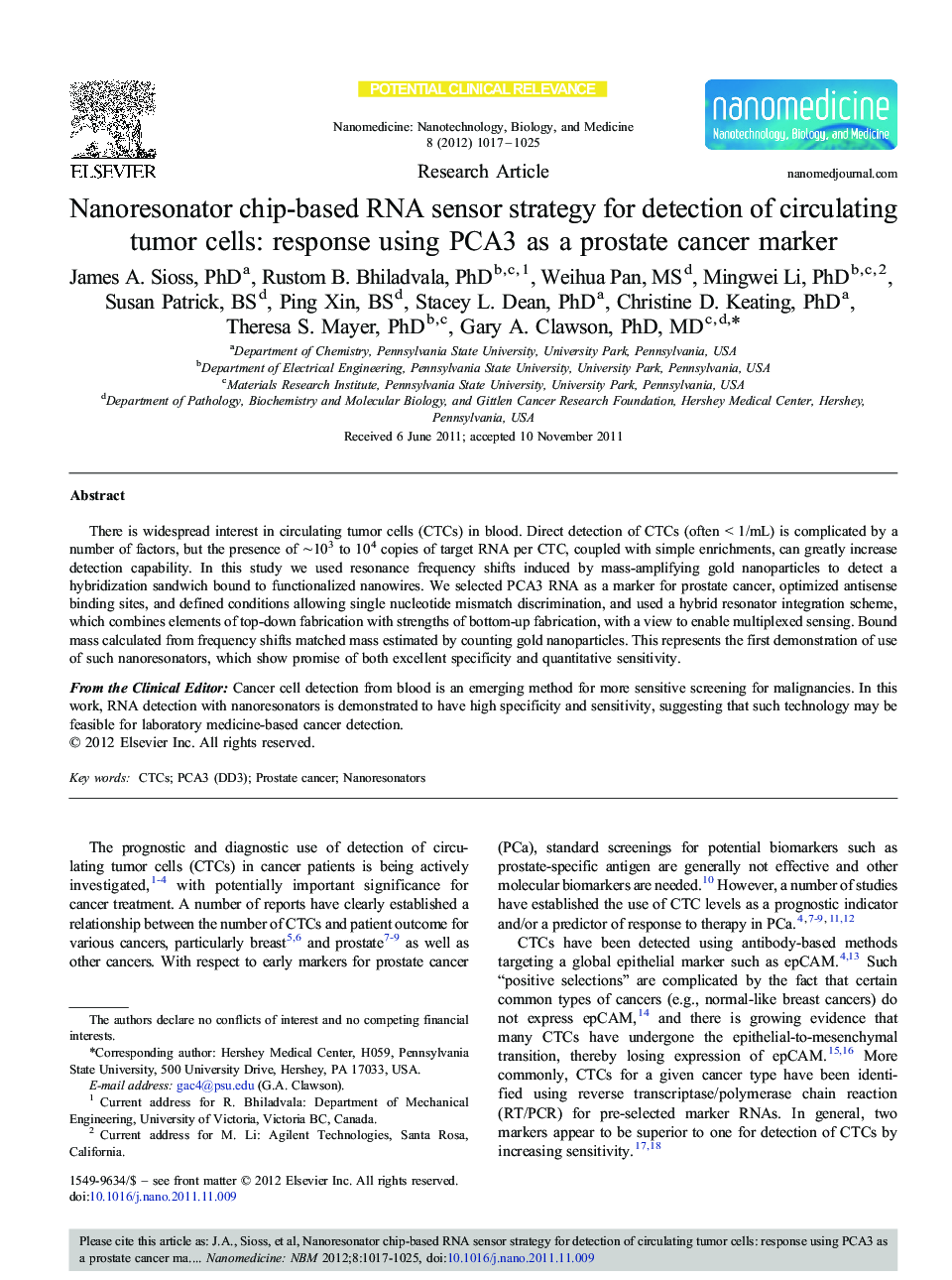 Nanoresonator chip-based RNA sensor strategy for detection of circulating tumor cells: response using PCA3 as a prostate cancer marker 