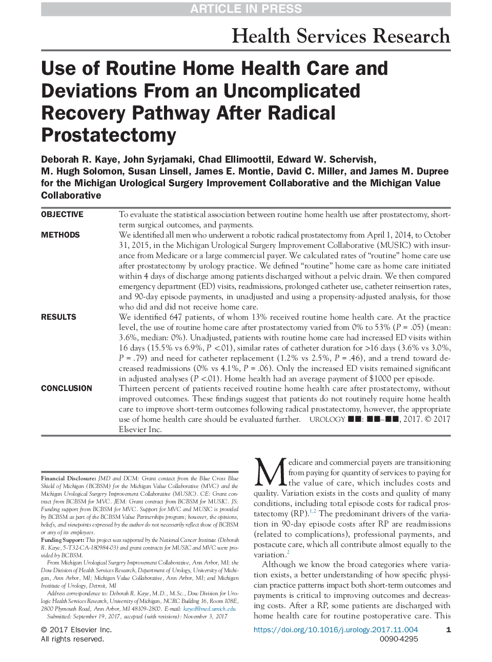 Use of Routine Home Health Care and Deviations From an Uncomplicated Recovery Pathway After Radical Prostatectomy