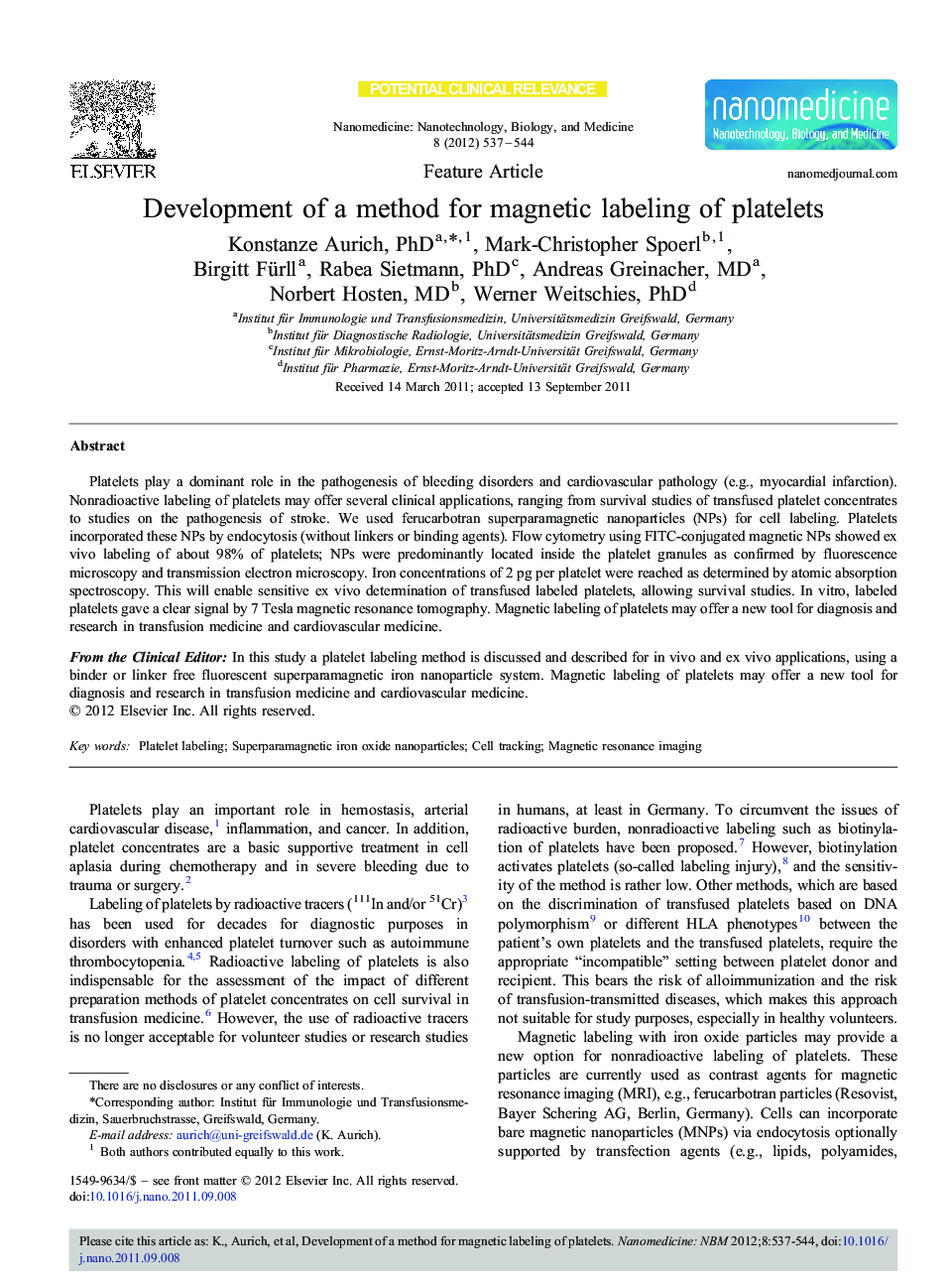 Development of a method for magnetic labeling of platelets 