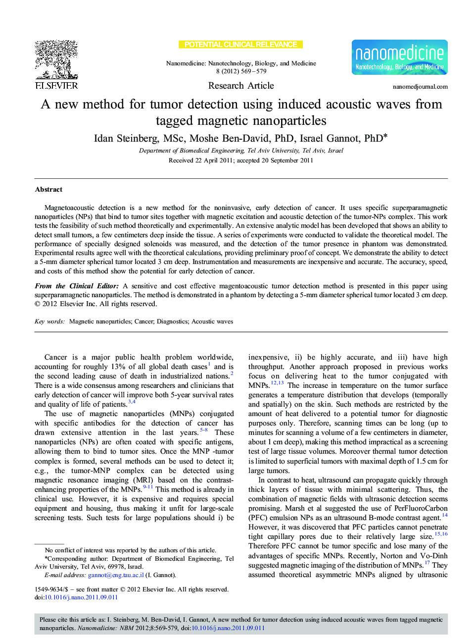 A new method for tumor detection using induced acoustic waves from tagged magnetic nanoparticles 