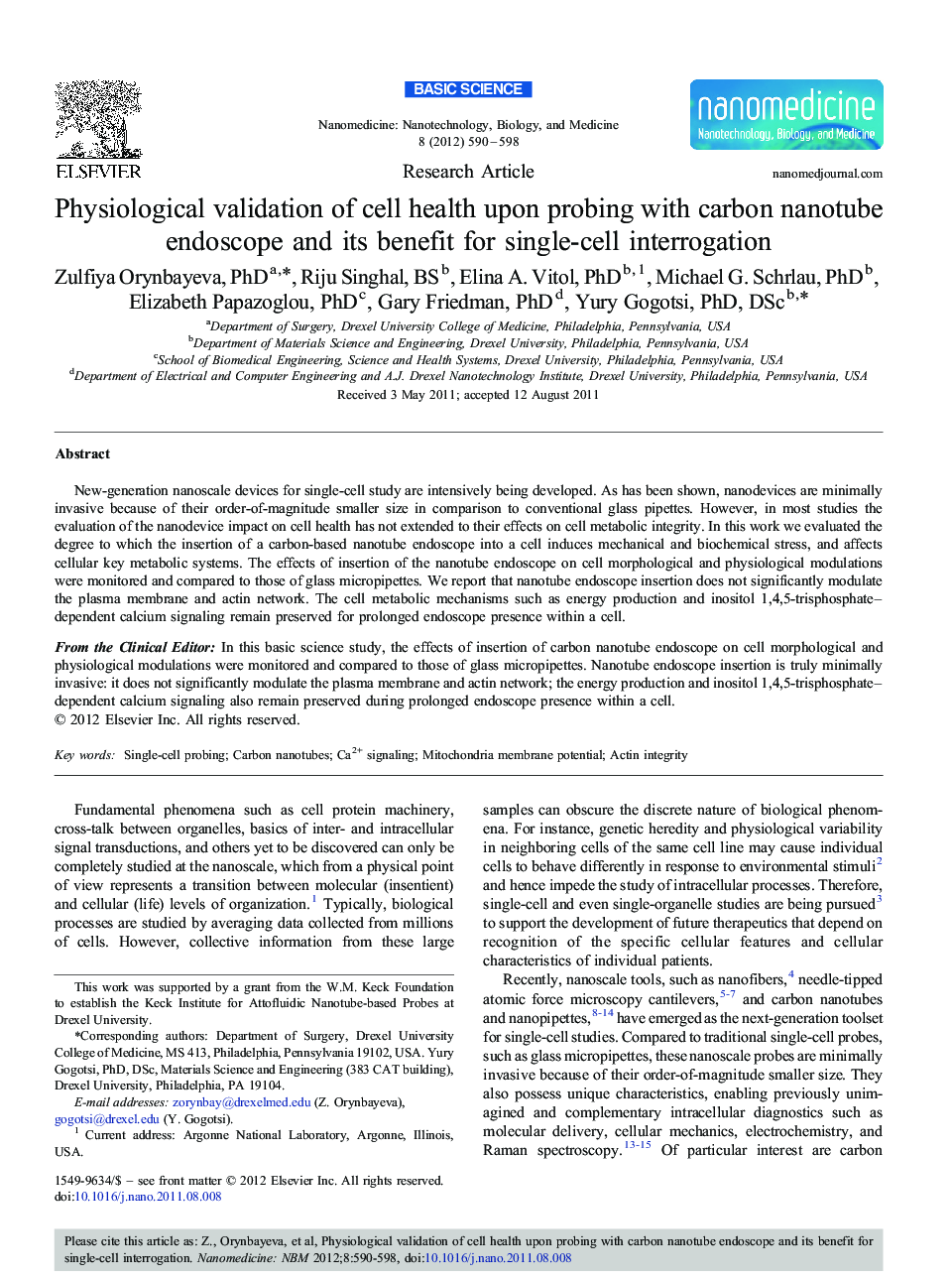 Physiological validation of cell health upon probing with carbon nanotube endoscope and its benefit for single-cell interrogation 