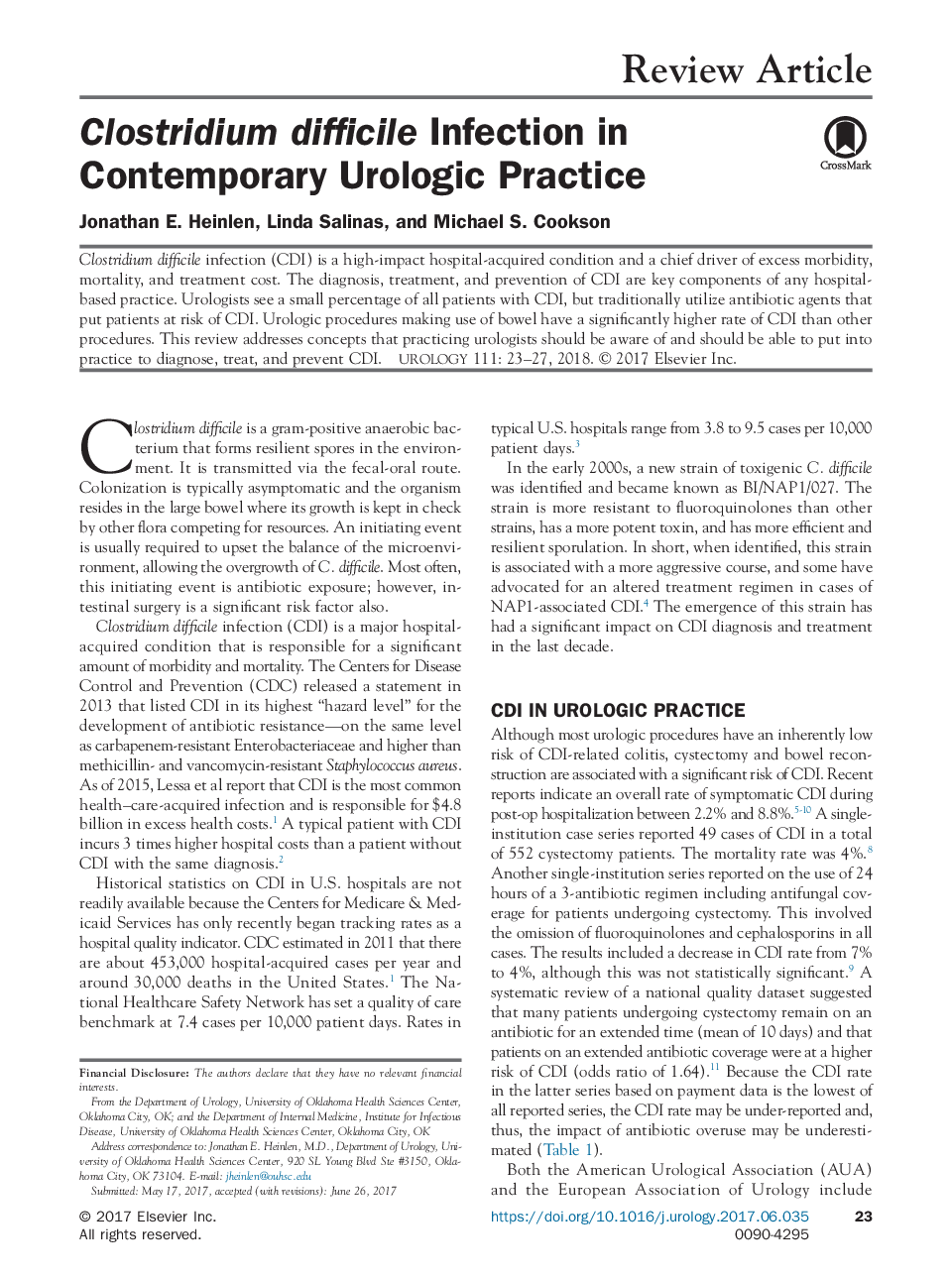 Clostridium difficile Infection in Contemporary Urologic Practice