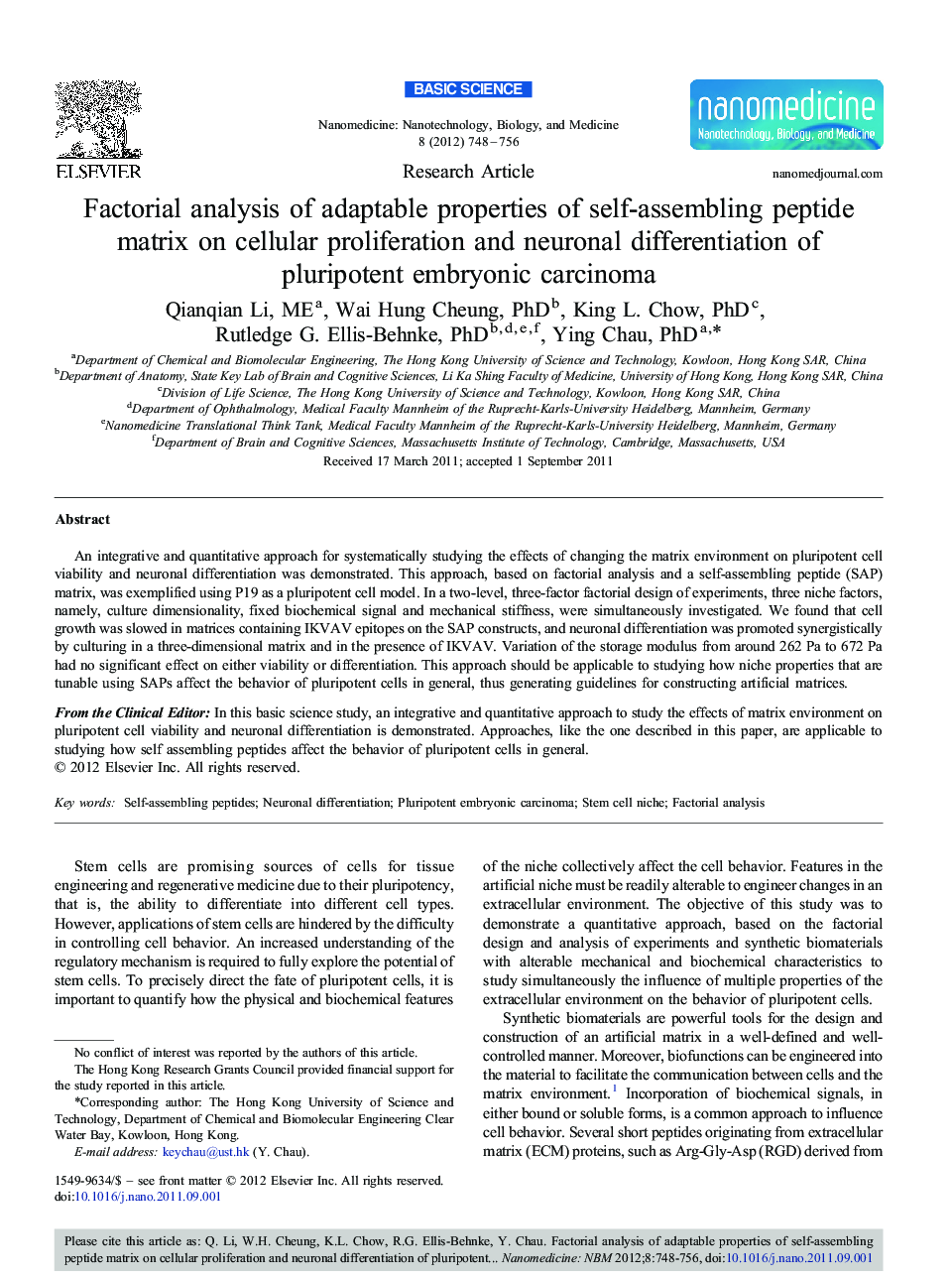 Factorial analysis of adaptable properties of self-assembling peptide matrix on cellular proliferation and neuronal differentiation of pluripotent embryonic carcinoma 